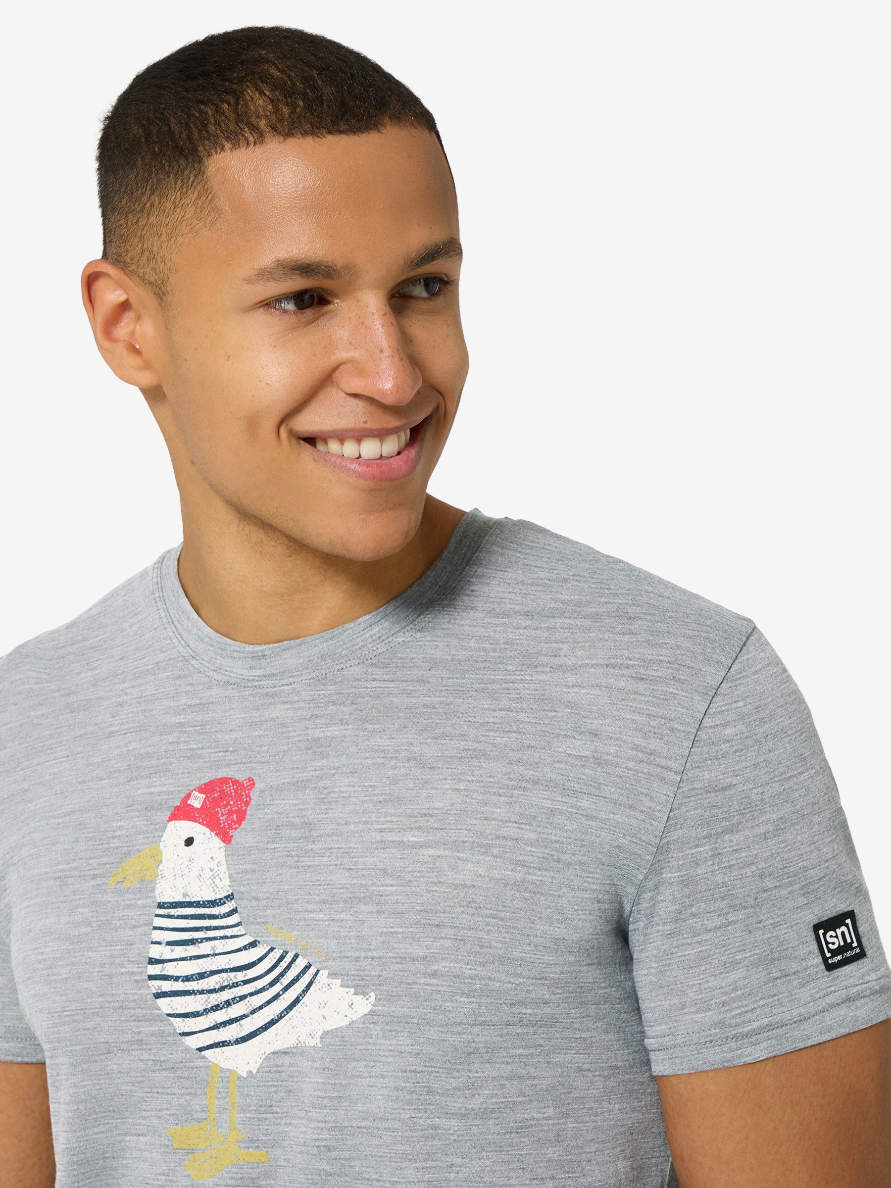 SUPER.NATURAL Print-Shirt für Herren, Merino JOHNNY TEE Vogel Motiv, atmungsaktiv