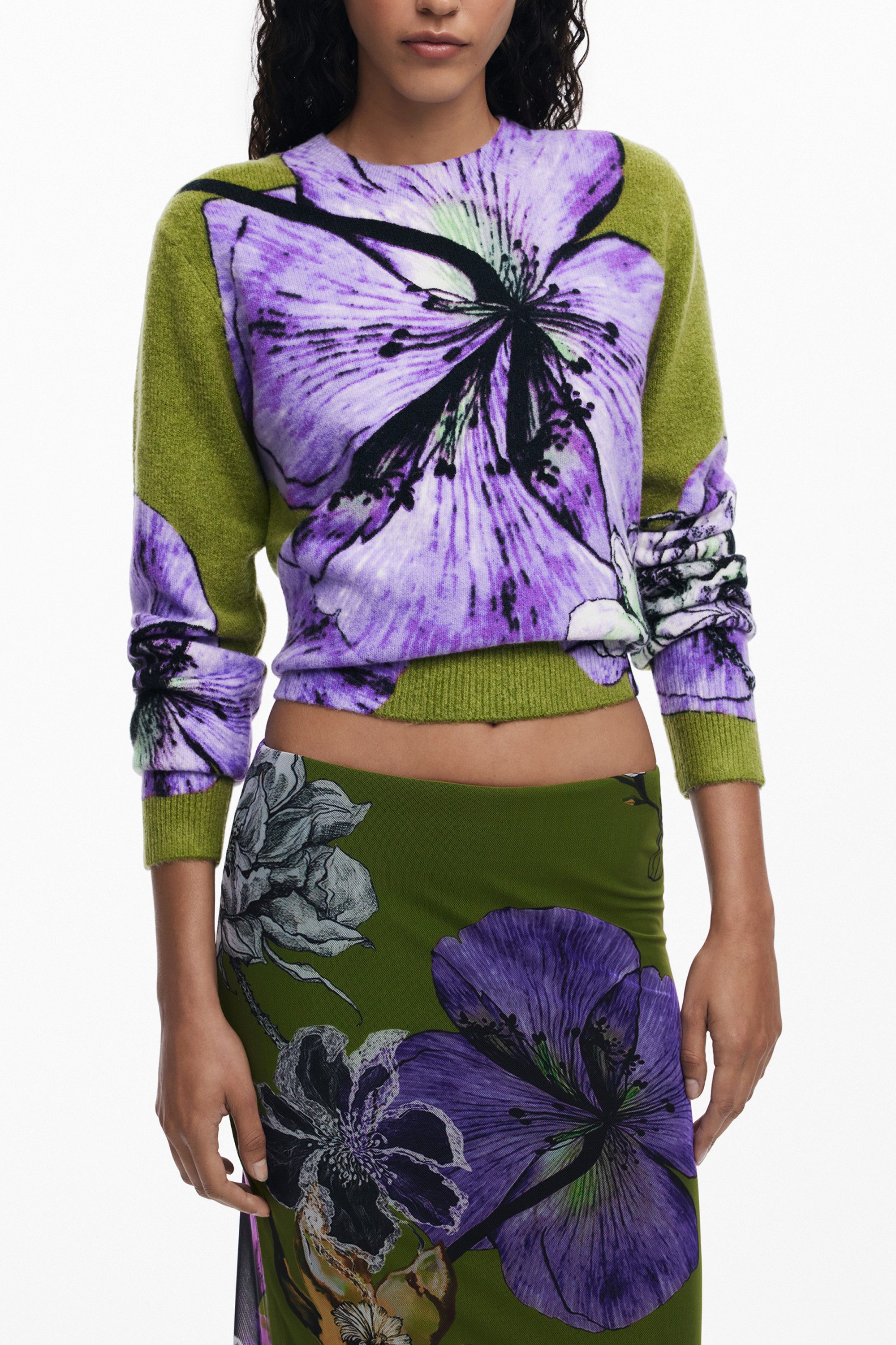 Desigual Jerseyrock Grüner langer Damenrock mit Tüllblumen & Kontrastdetails