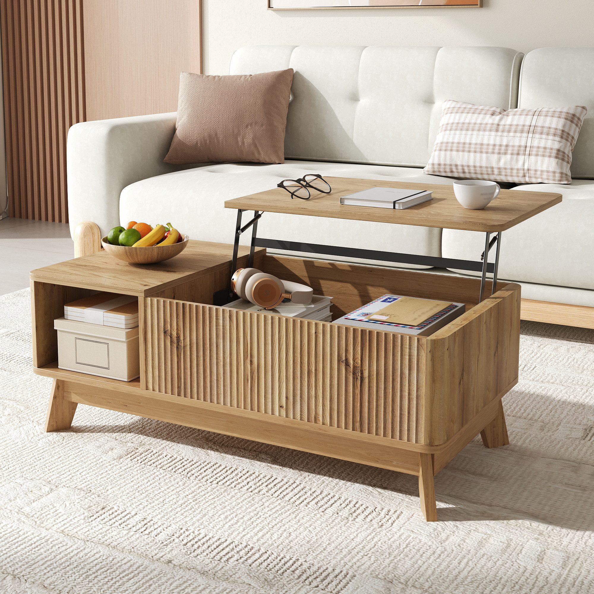 REDOM Couchtisch 95x50x48 cm mit Hubfunktion in Natur (Packung, 1-St., Offenes Seitenfach für zusätzlichen Stauraum, Wellenoptik), Offenes Seitenfach für zusätzlichen Stauraum, MDF-Material