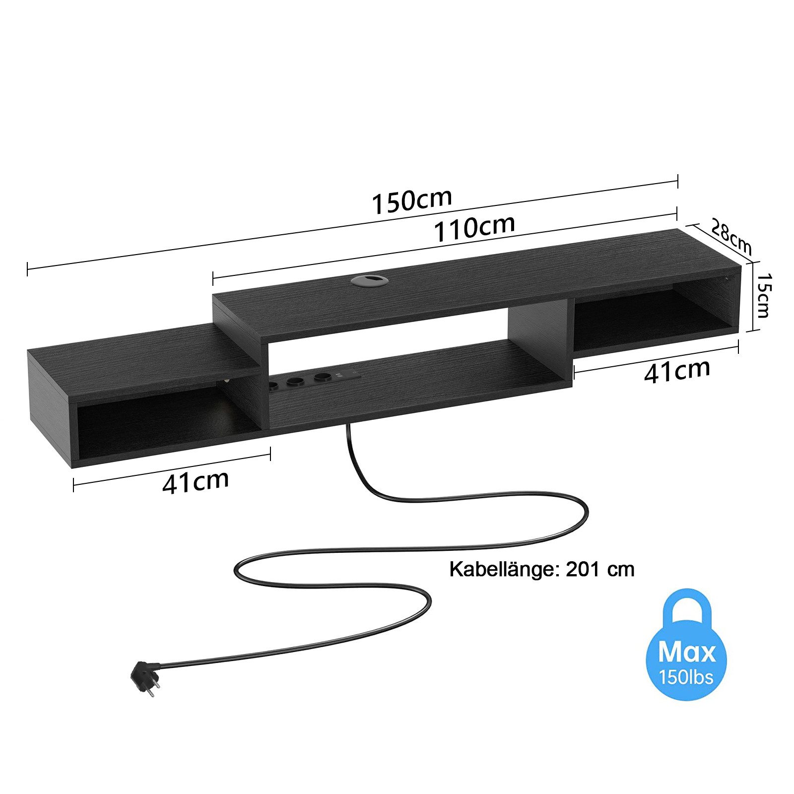 FABATO TV-Schrank schwebender und hängender Fernsehschrank, Lowboard mit LED-Licht mit Steckdosen und Ablagefach für Wohnzimmer, Schwarz, 150*28*15 cm