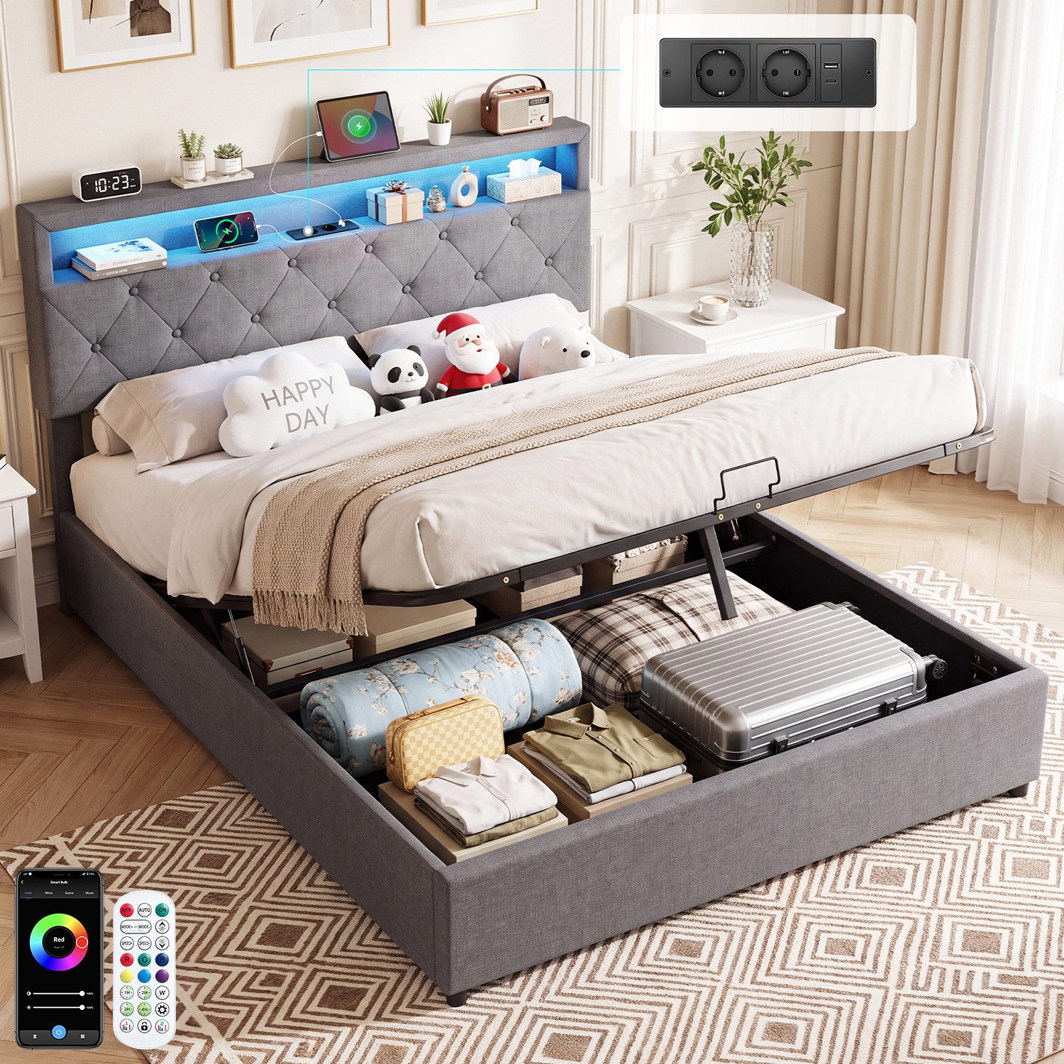 oyajia Stauraumbett LED hydraulisches Doppelbett (Leinenmaterial Polsterbett mit mit Lattenrost und Ladefunktion), Typ-C, USB-A, 2 Steckdosen,mit RGB Beleuchtun – Bild 2 von 5