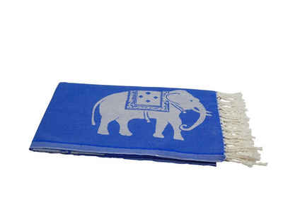my Hamam Hamamtücher Hamamtuch blau weiß, mit großen Elefanten, Baumwolle (1-St), mit Fransen