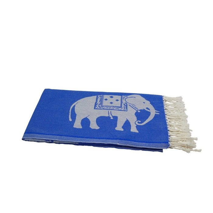 my Hamam Hamamtücher Hamamtuch blau weiß mit großen Elefanten Baumwolle (1-St) mit Fransen