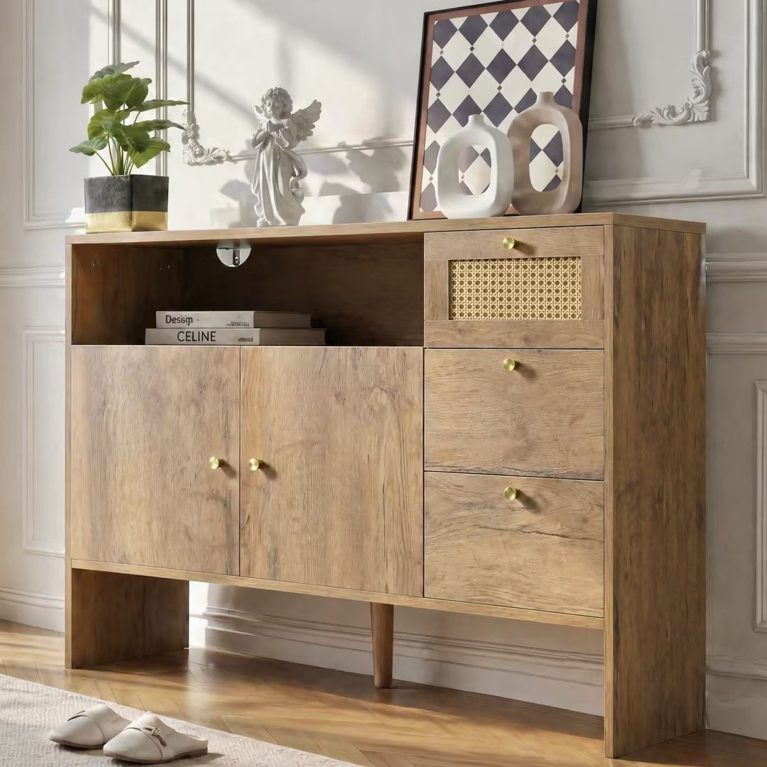 Flieks Kommode Mehrzweckschrank mit Rattan-Schubladen und Türen Holzoptik (1 St., B105/T40/H76 cm), Küchenschrank Sideboard Wohnzimmerschrank Natur
