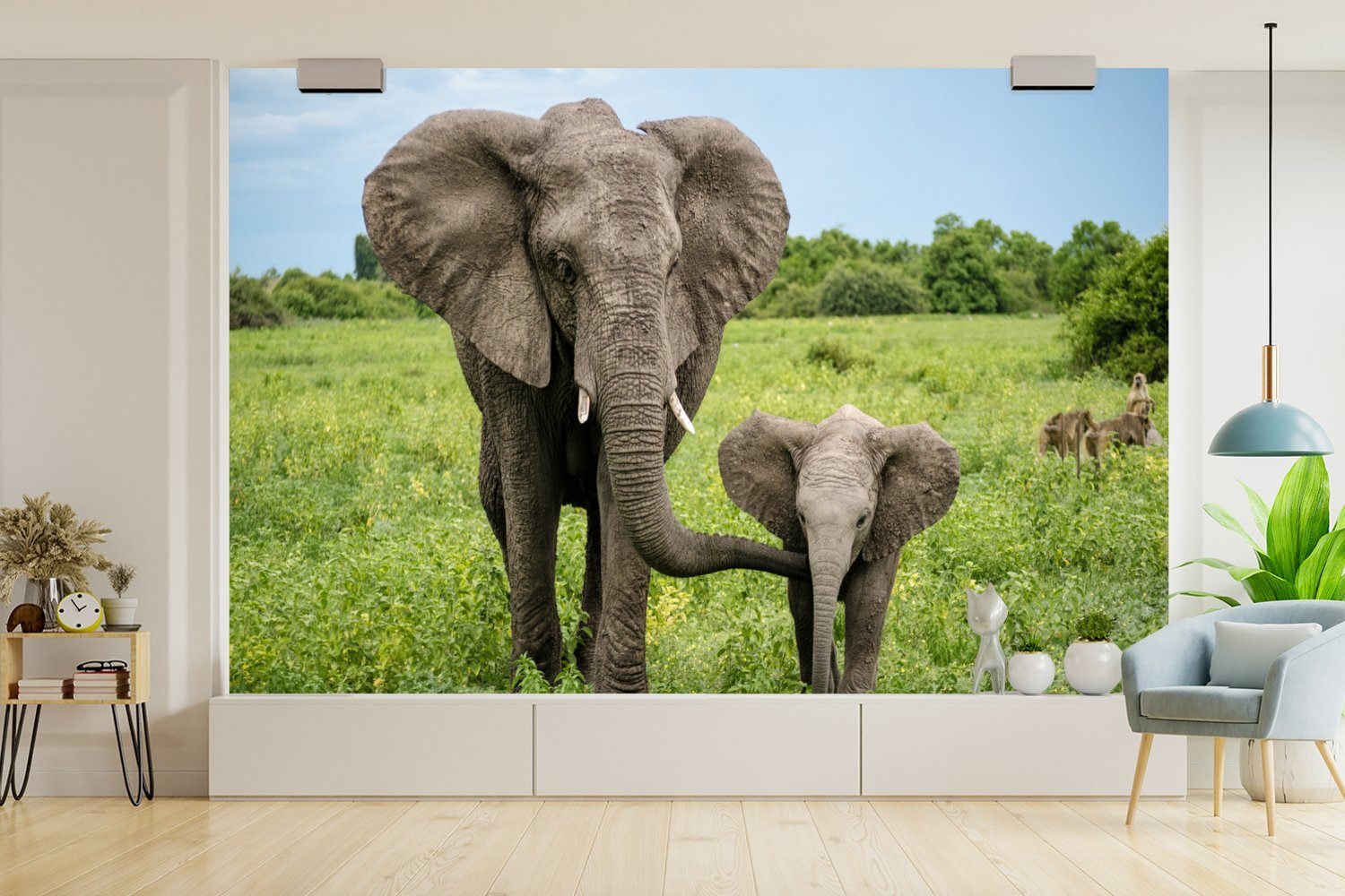 MuchoWow Fototapete Elefant - Natur Wohnzimmer, Matt, (6 Tapete bedruckt, St), Vinyl Wallpaper - Park, Kinderzimmer, für Schlafzimmer