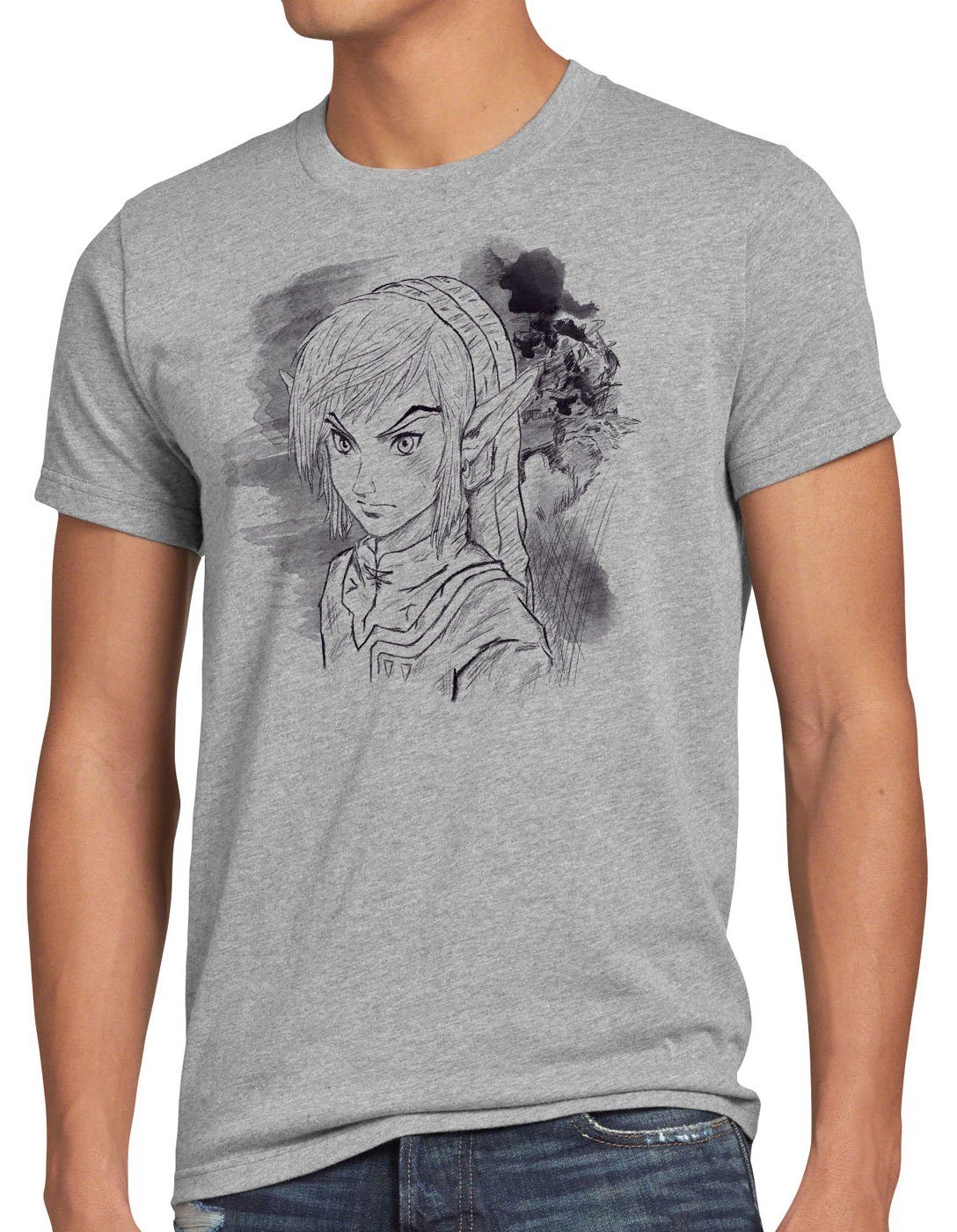 style3 Print-Shirt Herren T-Shirt Link Legend switch zelda game gamer wild boy hyrule amiibo spiel grau meliert