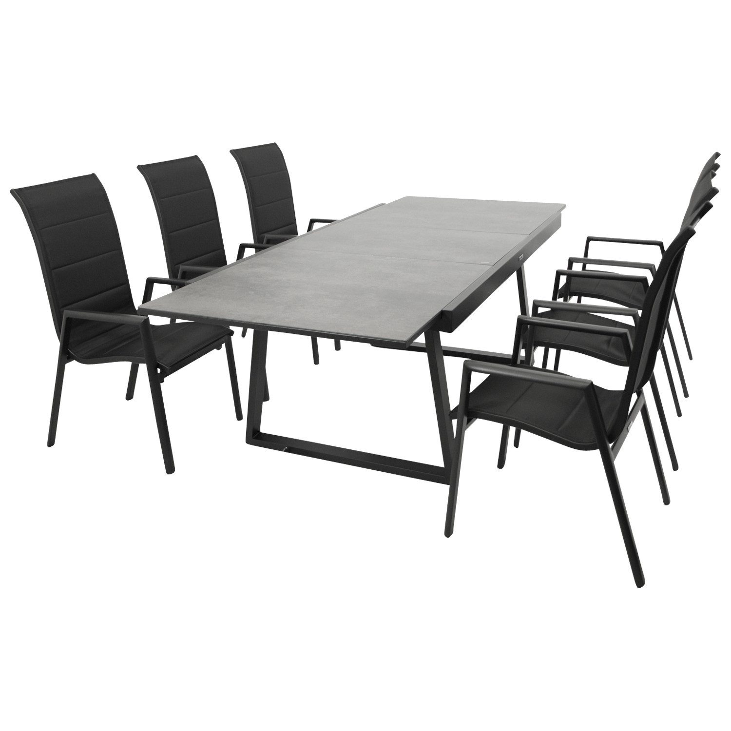 DEGAMO Garten-Essgruppe REIMS Hochlehner, (7-tlg., 6x Stapelsessel, 1x Ausziehtisch), Alu anthrazit, Stapelsessel, Tisch ausziehbar, Platte Keramikoptik