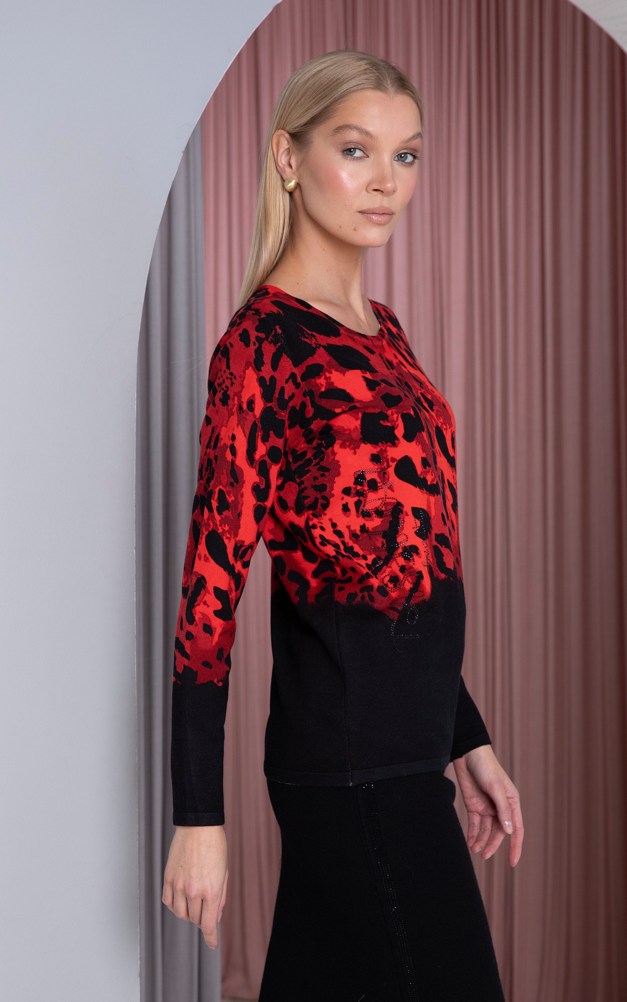 Passioni Strickpullover mit rotem Leopardenmuster günstig online kaufen