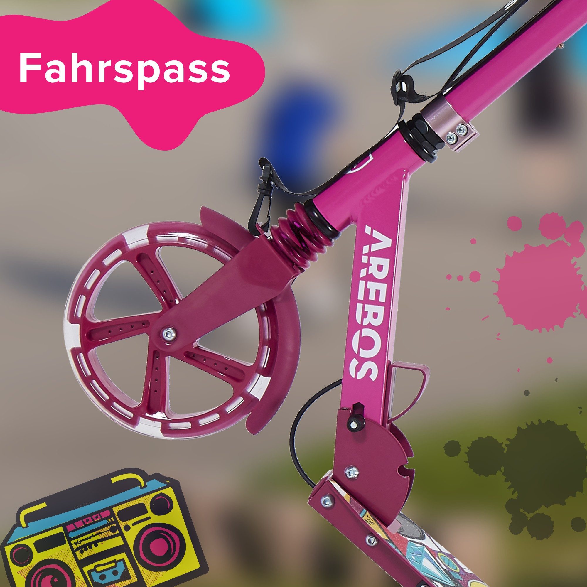 Arebos Tretroller LED-Reifen, faltbar, höhenverstellbar, inkl.Klinge l& Bremsen 100 kg, LED-Reifen: Leuchten während der Fahrt, für mehr Sichtbarkeit und Spaß