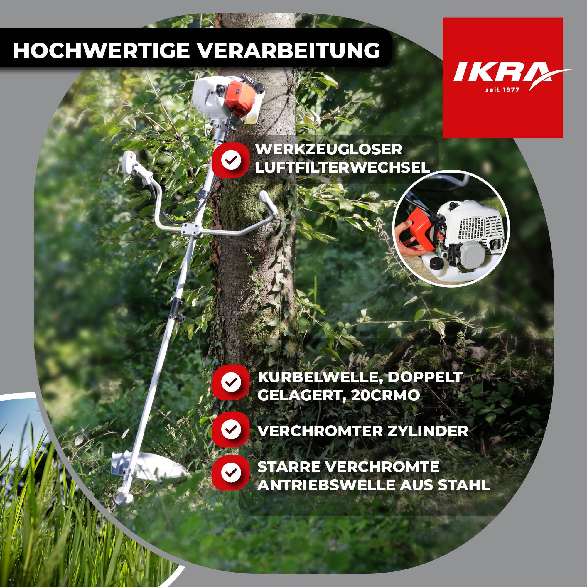 ikra GmbH Benzin-Freischneider IBF 43, 25,5 cm Arbeitsbreite Messer, 45 cm Arbeitsbreite Faden, inkl. Fadespule, Messer & Schultergurt