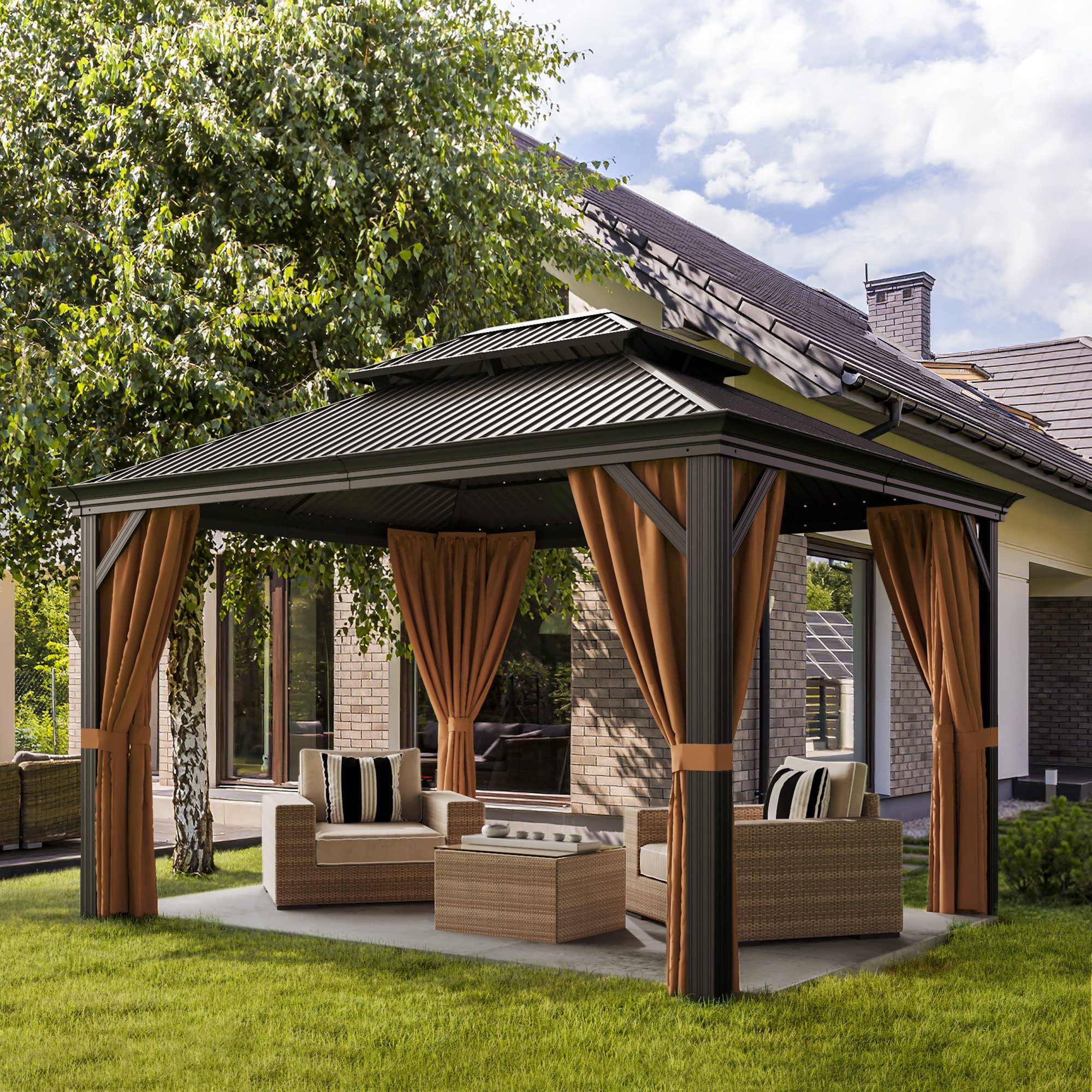 HOMALL Pavillon winterfest und wasserdicht 3,65 x 4,85m Stabilisierung Gartenpavillon, (Pulverbeschichteter Aluminiumrahmen, wasserdicht und korrosionsbeständig, 15 kg tragfähige Haken für Heizgeräte und Beleuchtung), Doppeldach aus verzinktem Stahl, Dual-Track-System für Moskitonetzen