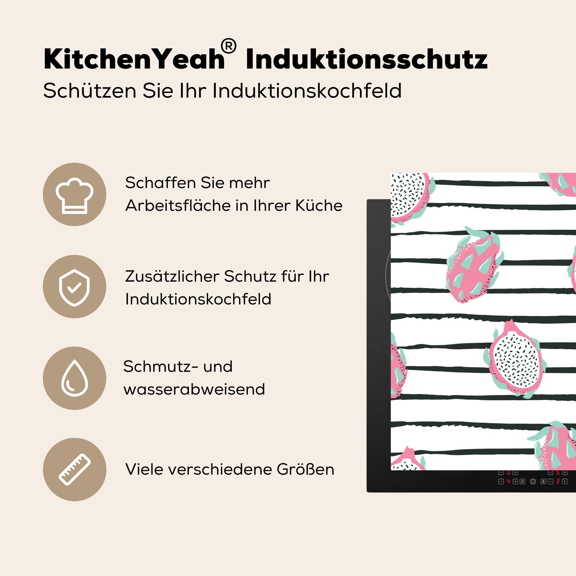 für Streifen, küche 78x78 (1 Vinyl, Ceranfeldabdeckung, cm, Sommer Herdblende-/Abdeckplatte tlg), - Arbeitsplatte Obst - MuchoWow