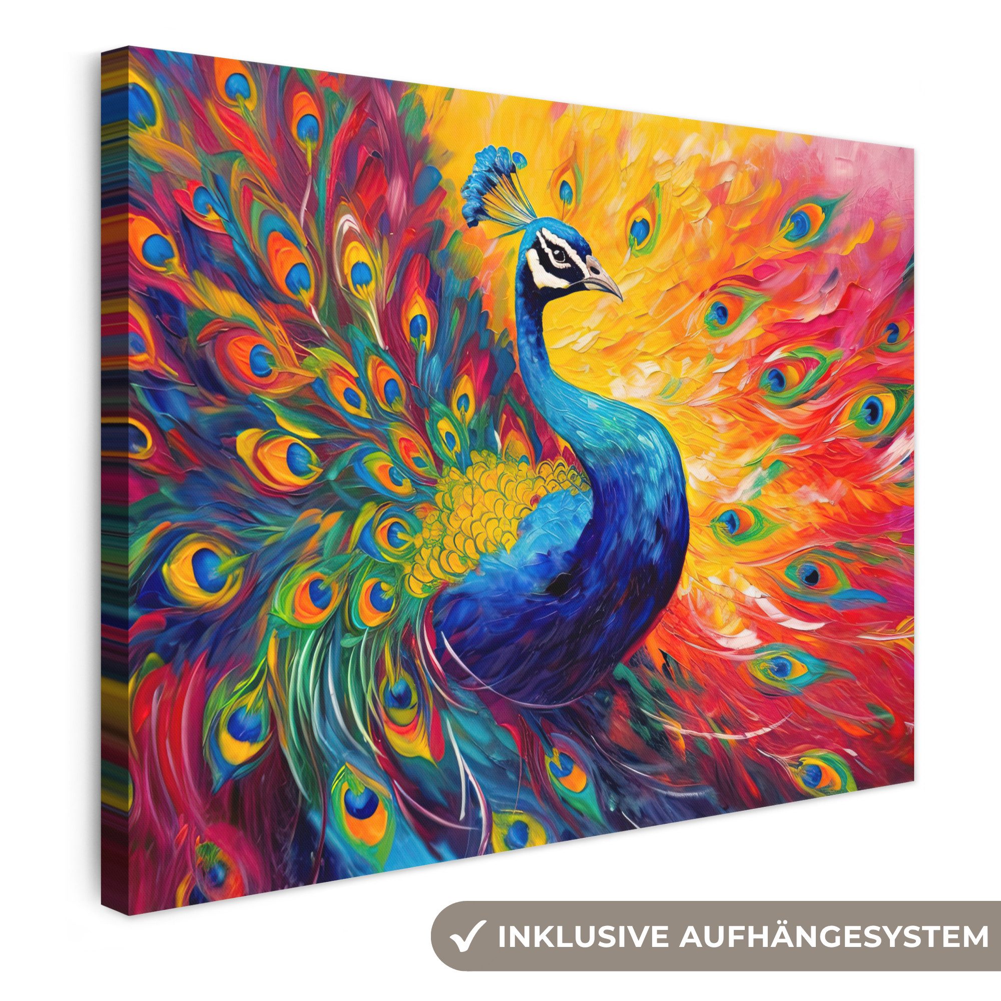 OneMillionCanvasses® Leinwandbild Pfau - Kunst - Malerei - Pfauenfedern, Fotodruck (1 St), Wandbild Leinwandbilder, Aufhängefertig, Wanddeko 40x30 cm