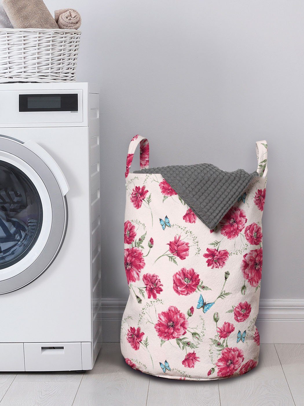 Griffen Kordelzugverschluss Wäschekorb Abakuhaus Rosa mit Aqua Sommer-Mohnblumen für Wäschesäckchen und Waschsalons,