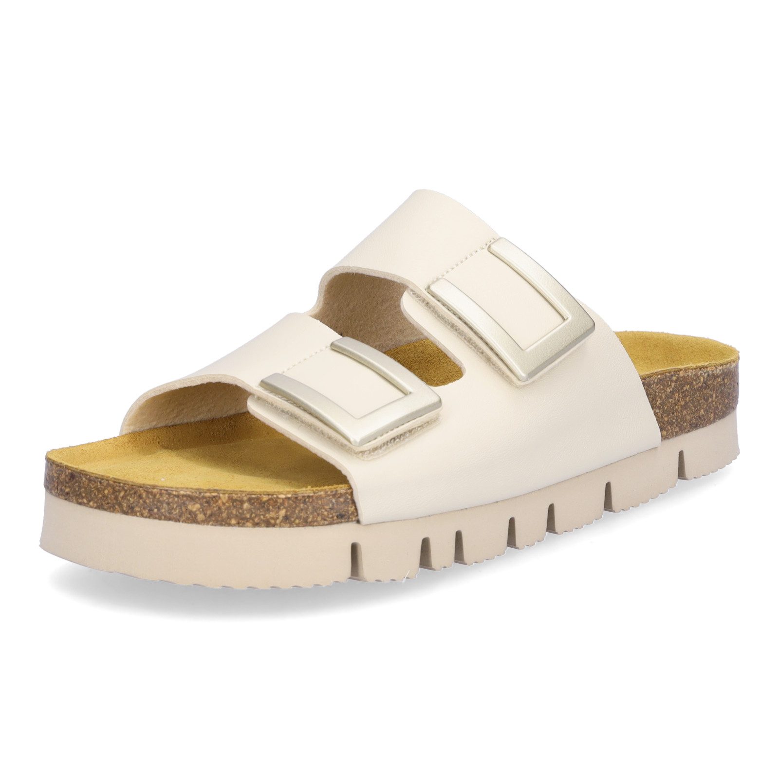 MIDS MIKA Damen Pantolette beige, Zweiriemer mit verstellbarem Klettverschluss & Lederfußbett