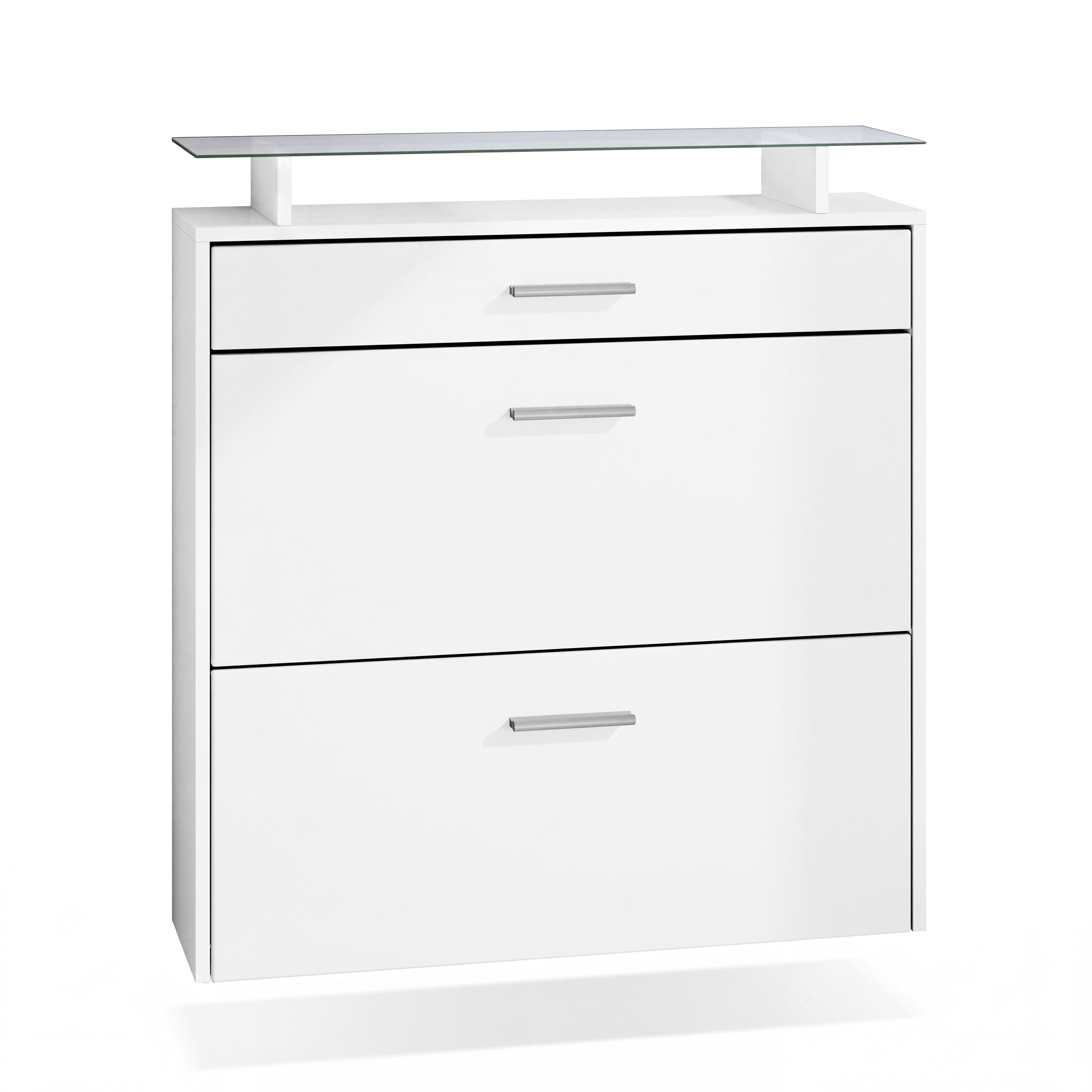 Vladon Schuhschrank Malea (hängender Schuhkipper für 16 Paar Schuhe, mit 2 Klappen und 1 Schublade und Glasablage) Weiß matt (89 x 96 x 23 cm)