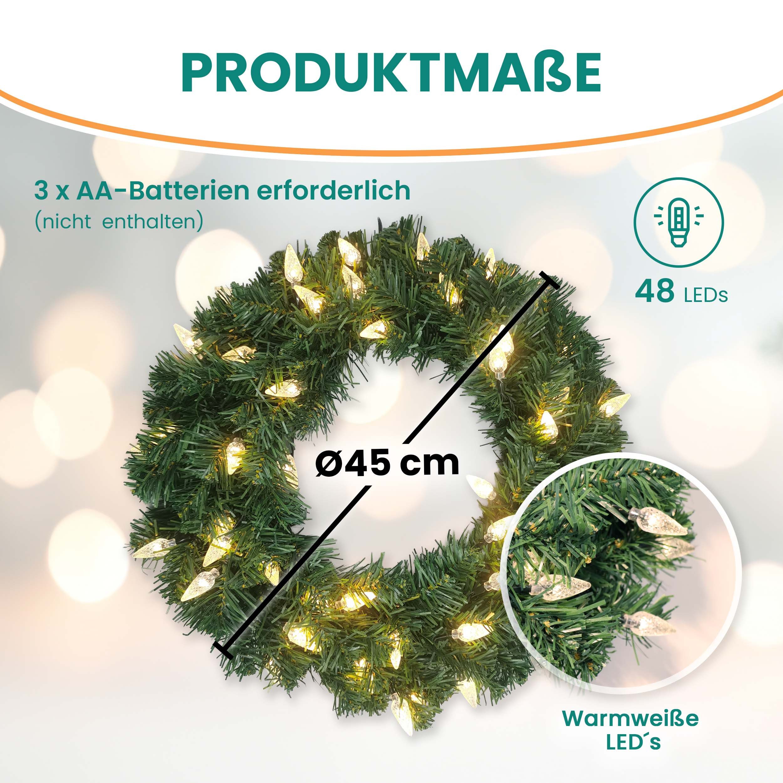 Gartenpirat Dekokranz Künstlicher Weihnachtskranz 45 cm beleuchtet mit 48 warmweißen LEDs
