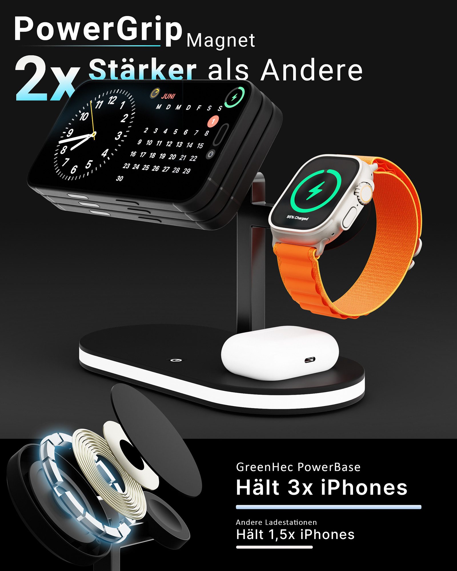 GreenHec Ladestation iPhone Apple Watch Induktiv LED-Licht Wireless MagSafe für Wireless Charger (3000 mA, Spar-Set, 3in1 PowerBase + USB-C Kabel + 20w Dual Cha – Bild 4 von 5