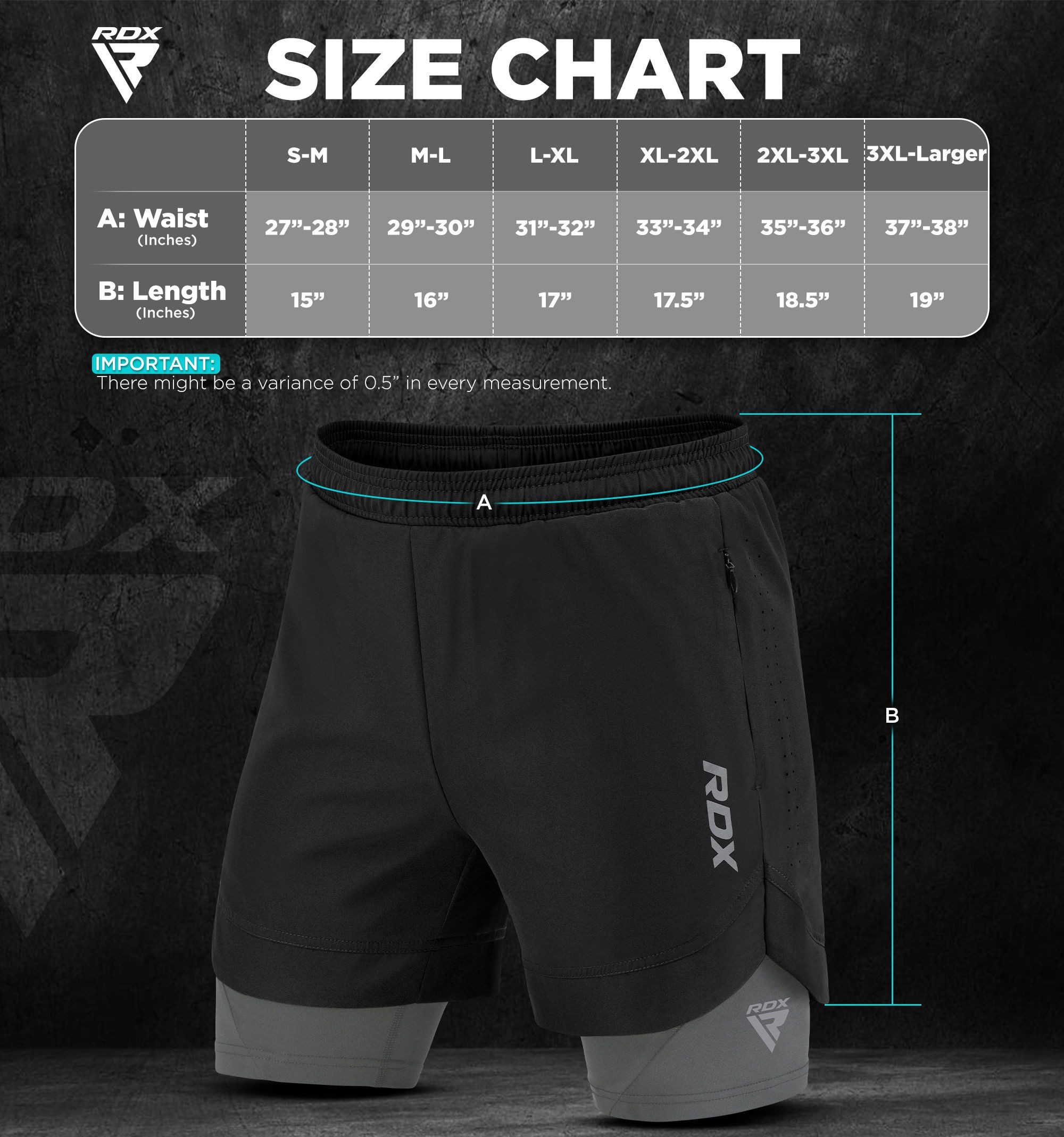 RDX Sports Laufshorts RDX Herren Laufshorts, 2-in-1 Sportliche Atmungsaktive Kurze (1, 1 Pack)