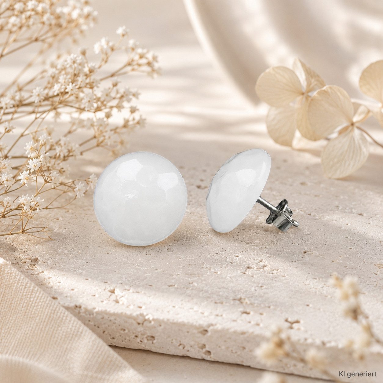 unbespielt Paar Ohrstecker Ohrringe creme-weiß 14 mm gehämmert Kunststoff Damen, Modeschmuck für Damen – Bild 3 von 3