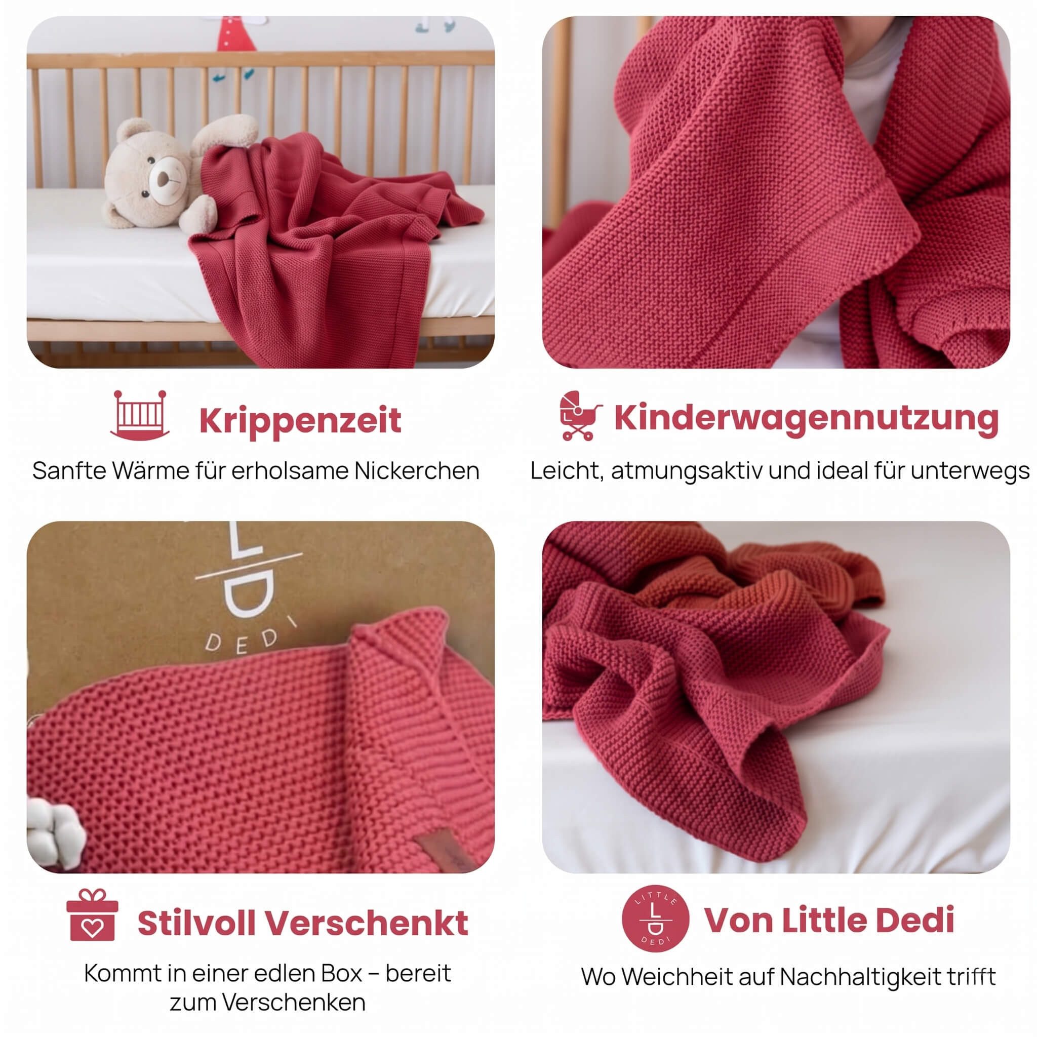 Babydecke Baby Strickdecke, %100 Bio Baumwolle, Atmungsaktiv, 80x100cm, Rot, Little Dedi