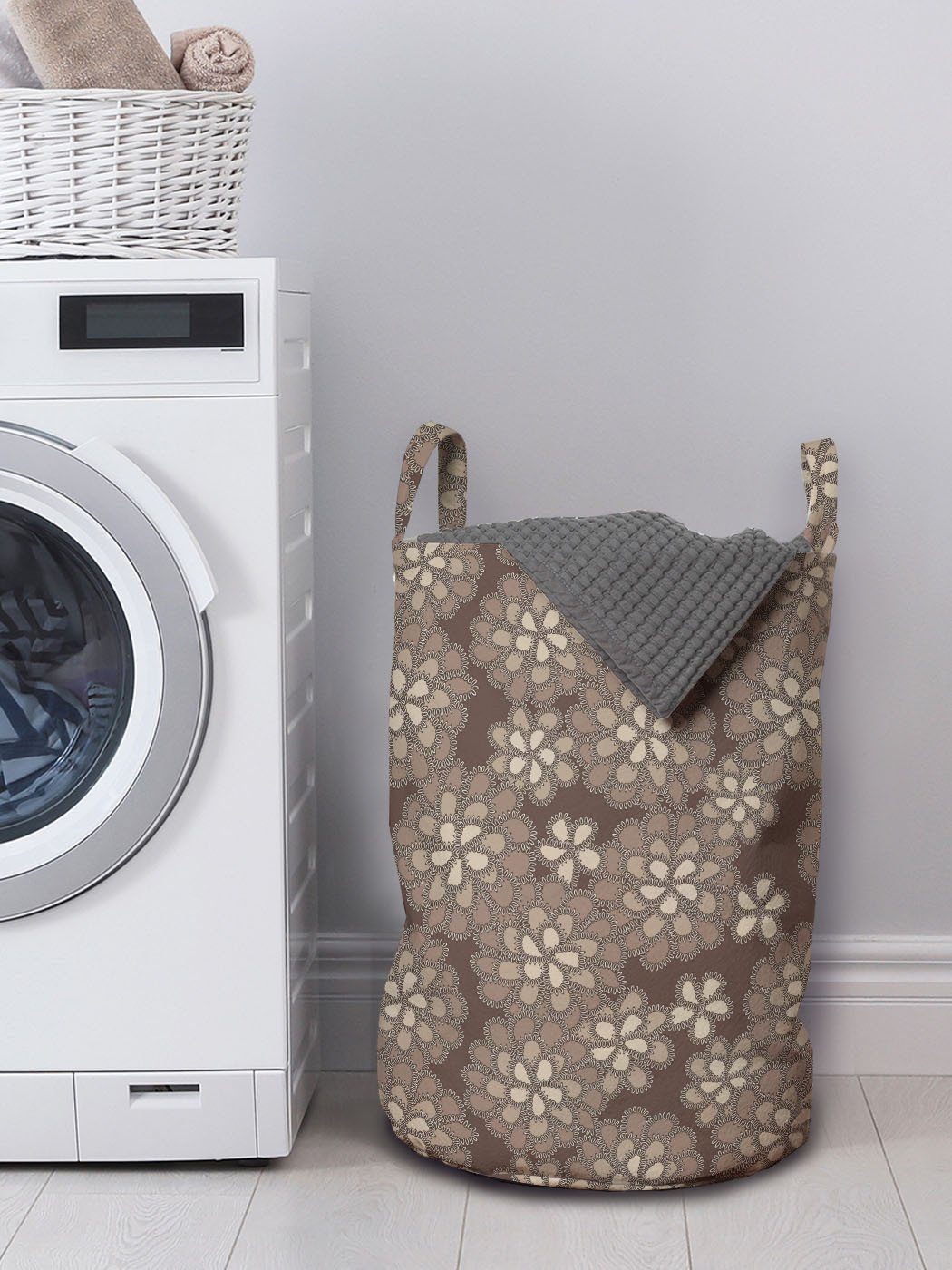 Wäschesäckchen mit Wäschekorb Retro für Waschsalons, Abakuhaus Floral-Spitze-Muster Griffen Beige Kordelzugverschluss