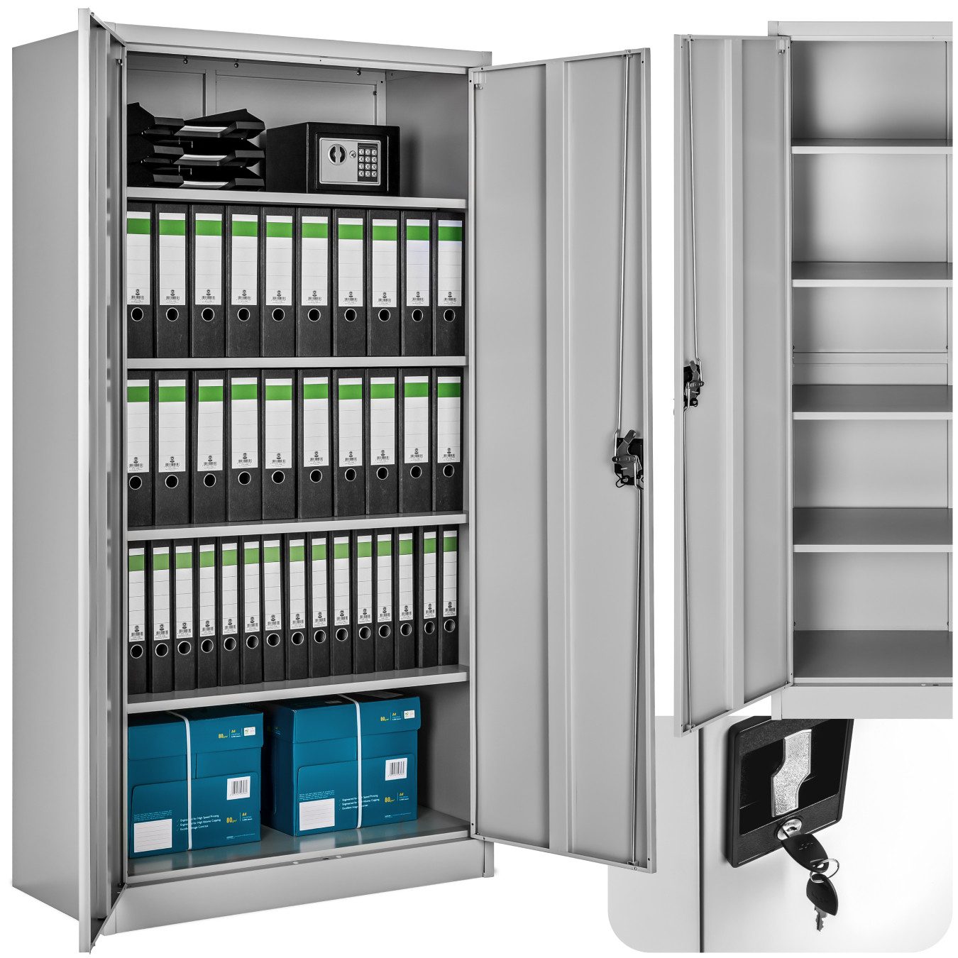 tectake Aktenschrank Büroschrank Blain mit 5 Böden 40x80x180cm (Komplettset, 1-St., inkl. 2 Schlüssel) aus pulverbeschichtetem Stahl