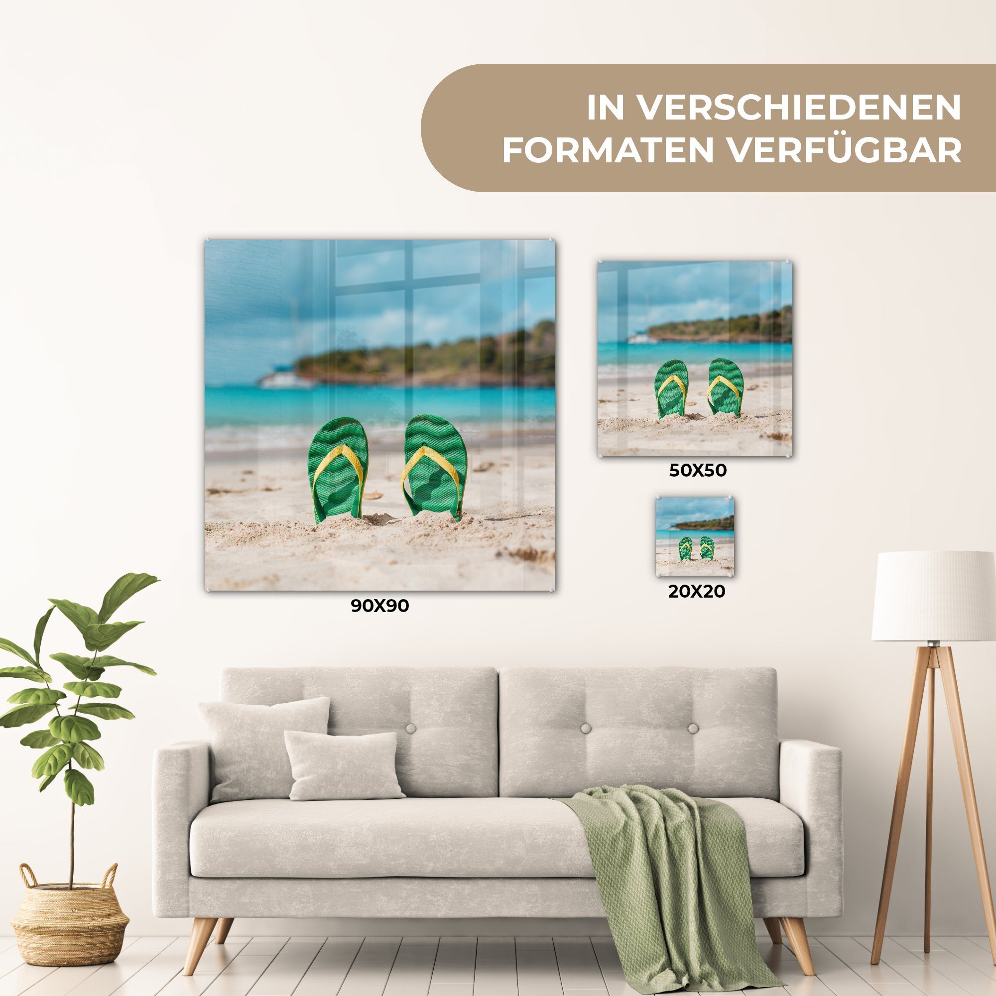 Bilder (1 - auf Glasbilder St), MuchoWow Grün, Glas auf - Foto Pantoffeln - Acrylglasbild Glas Wanddekoration - - Strand Wandbild
