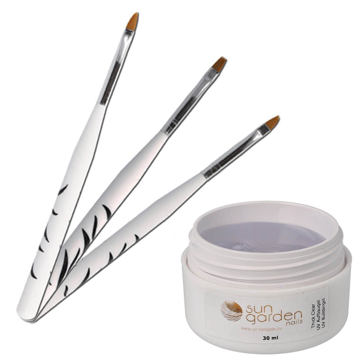 Sun Garden Nails UV-Gel 30 ml UV Gel Thick Clear Aufbaugel - Builder Gel + 3tlg. Pinselset