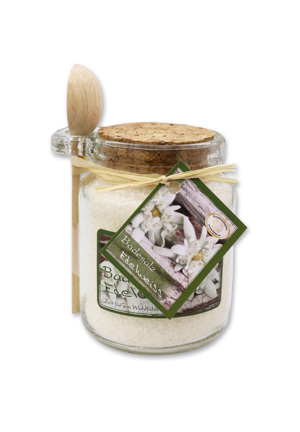 Gerlinde Hofer _ Florex GmbH Badezusatz B1420EW Edelweiß, 1-tlg., Badesalz mit Bio Schafmilch im Glas mit Holzlöffel 300 g