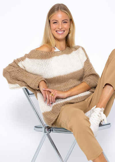 SASSYCLASSY Strickpullover Oversize Pullover Damen aus weichem Grobstrick Lässiger Strickpullover lang mit Streifen, Made in Italy