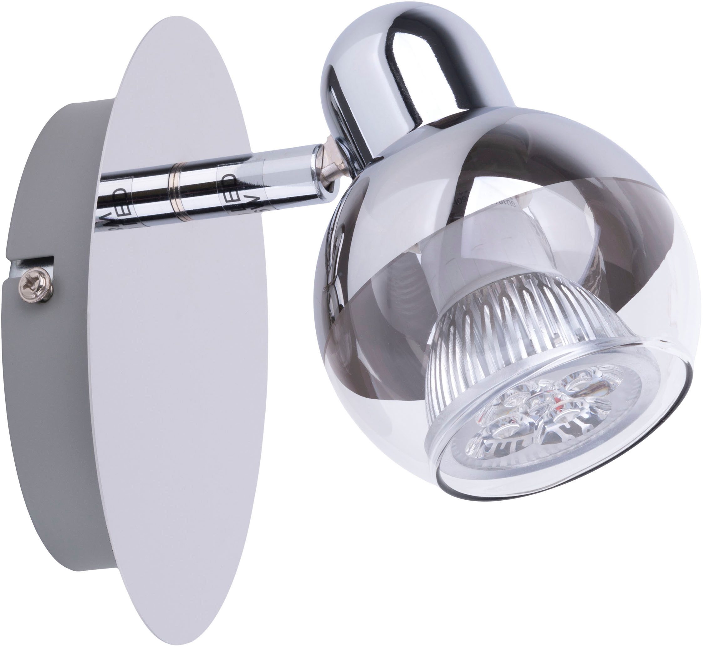 näve Wandstrahler Boccia, LED wechselbar, Warmweiß, 1flg. incl. LED GU10 6W, chrom, Glasschirm, verstellbarer Spot, D:14cm