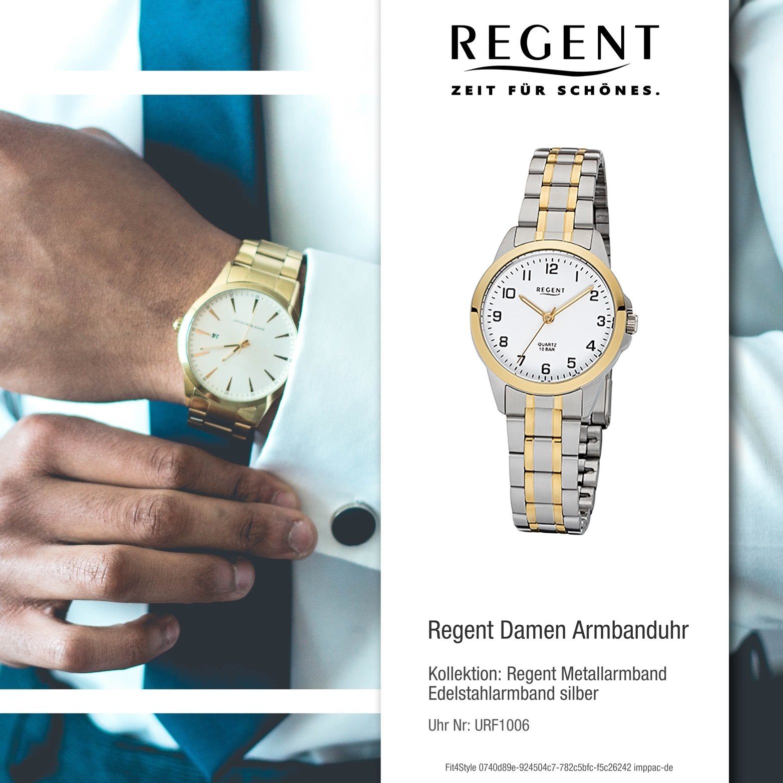 Regent Quarzuhr Regent Edelstahl F-1006 Quarz, Uhr Damen Gehäuse, (29mm) Edelstahlarmband rundes gold, Damenuhr silber, klein