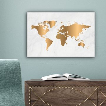 OneMillionCanvasses® Leinwandbild Weltkarte - Gold - Marmoroptik - Luxus - Design, Weltkarte - Gold - Weiß (1 St), Wandbild Leinwandbilder, Aufhängefertig, Wanddeko, 30x20 cm