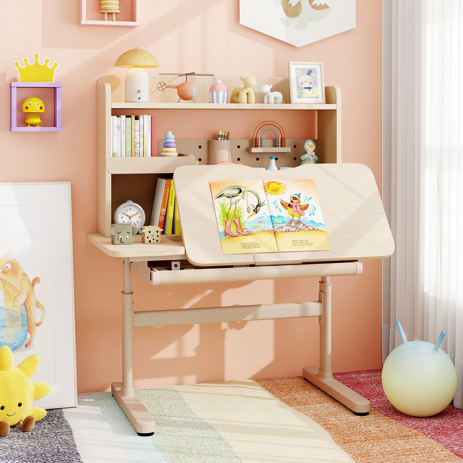 COSTWAY Kindertisch, mit Regal & Schublade, höhenverstellbarer, ab 3 Jahre