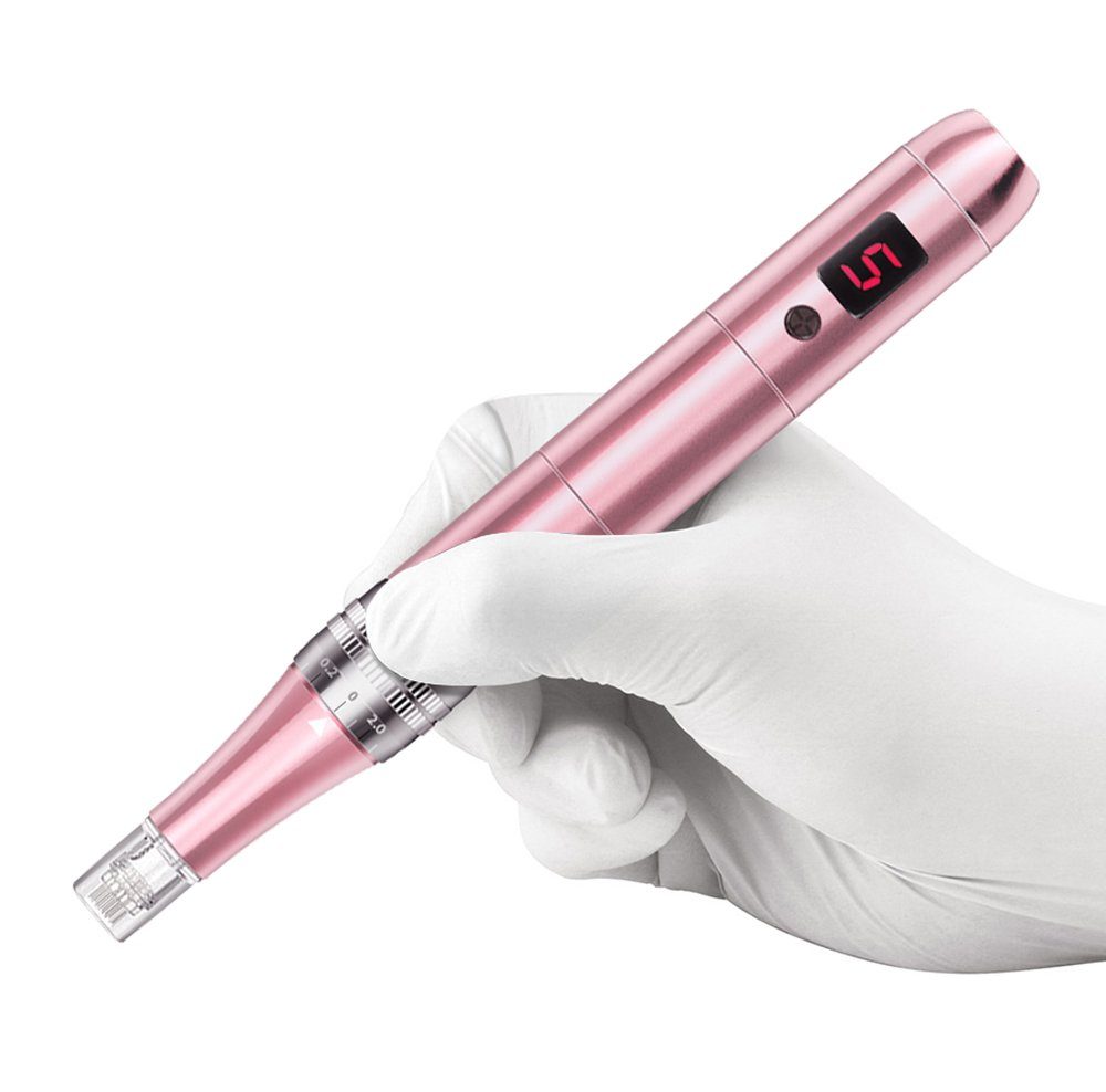 LOVONLIVE Dermaroller Derma Stift 7 Haut 12 Pen Derma Stufen mit Microneedle 0-2,5mm, Therapiegerät LCD-Bildschirm Aufladbares inkl. Nadelköpfe Elektrischer