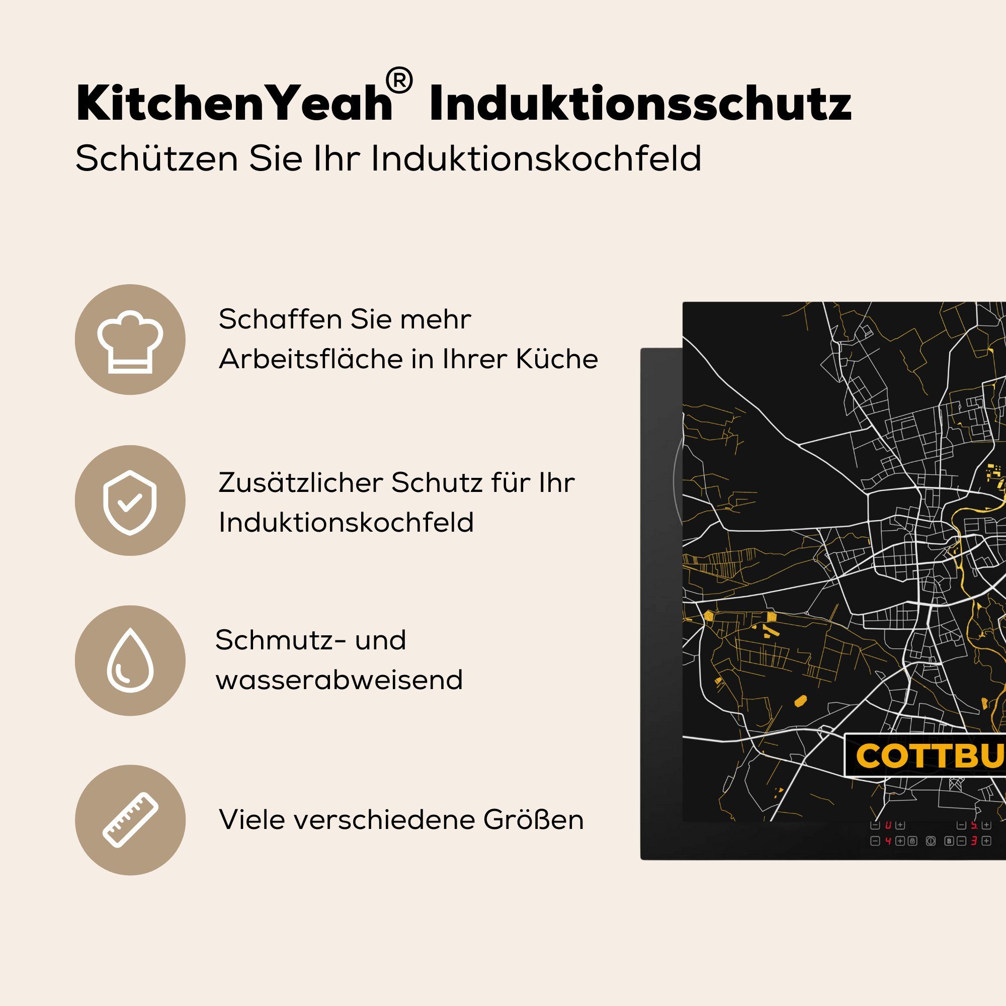 - (1 Stadtplan Ceranfeldabdeckung, Cottbus Arbeitsplatte küche MuchoWow Vinyl, 78x78 - Karte tlg), Deutschland, für Gold Herdblende-/Abdeckplatte - - cm,