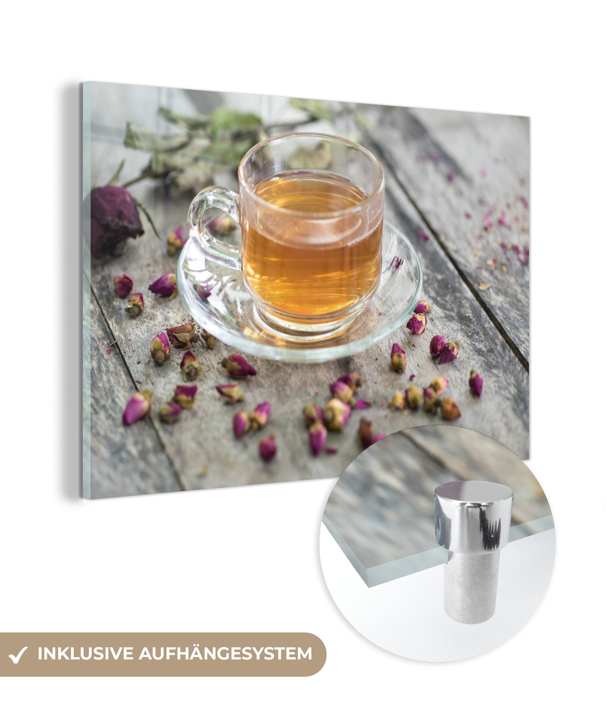 preisentwicklung MuchoWow Acrylglasbild Eine Tasse & (1 Acrylglasbilder Orangentee, trockenen Wohnzimmer Schlafzimmer von umgeben Rosenblättern, St)