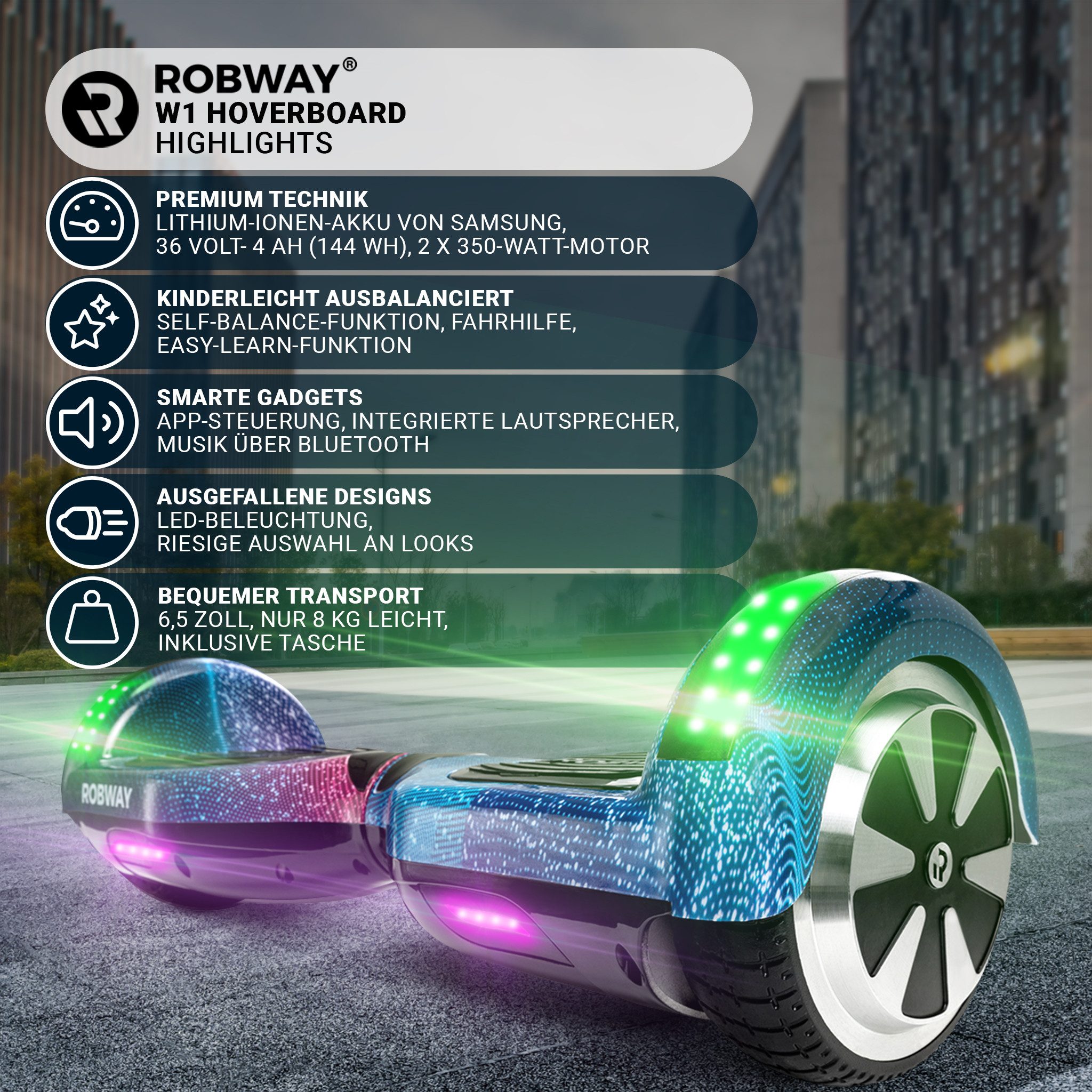 Robway Balance Scooter 6.5” Hoverboard W1 - 700 Watt mit LED Licht & Bluetooth Player, 700,00 W, 15,00 km/h, (Hoverbaord für Kinder, 1 tlg., Hoverboard, Balance Scooter, Skateboard, Elektro Scooter, Balanceboard), Self-Balance-Scooter, Bluetooth, Robway App, LED, Gyrosensoren