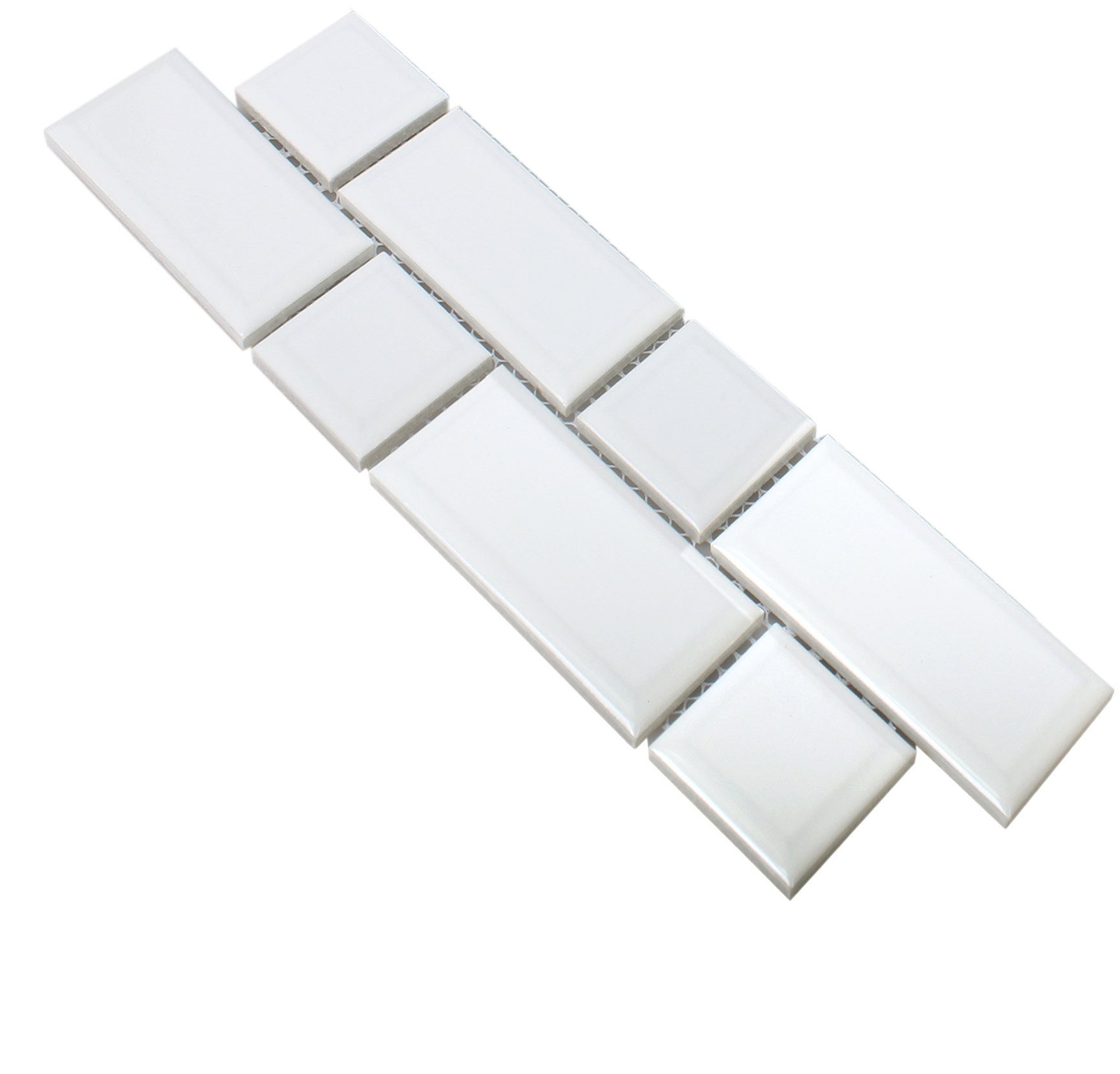 Mosafil Mosaikfliesen Keramik Metro Fliesenbordüre Baxley, Keramik 29.600x11.000, weiß, Metrofliese mit Facette - Verlegefertig auf ein Netz geklebt -