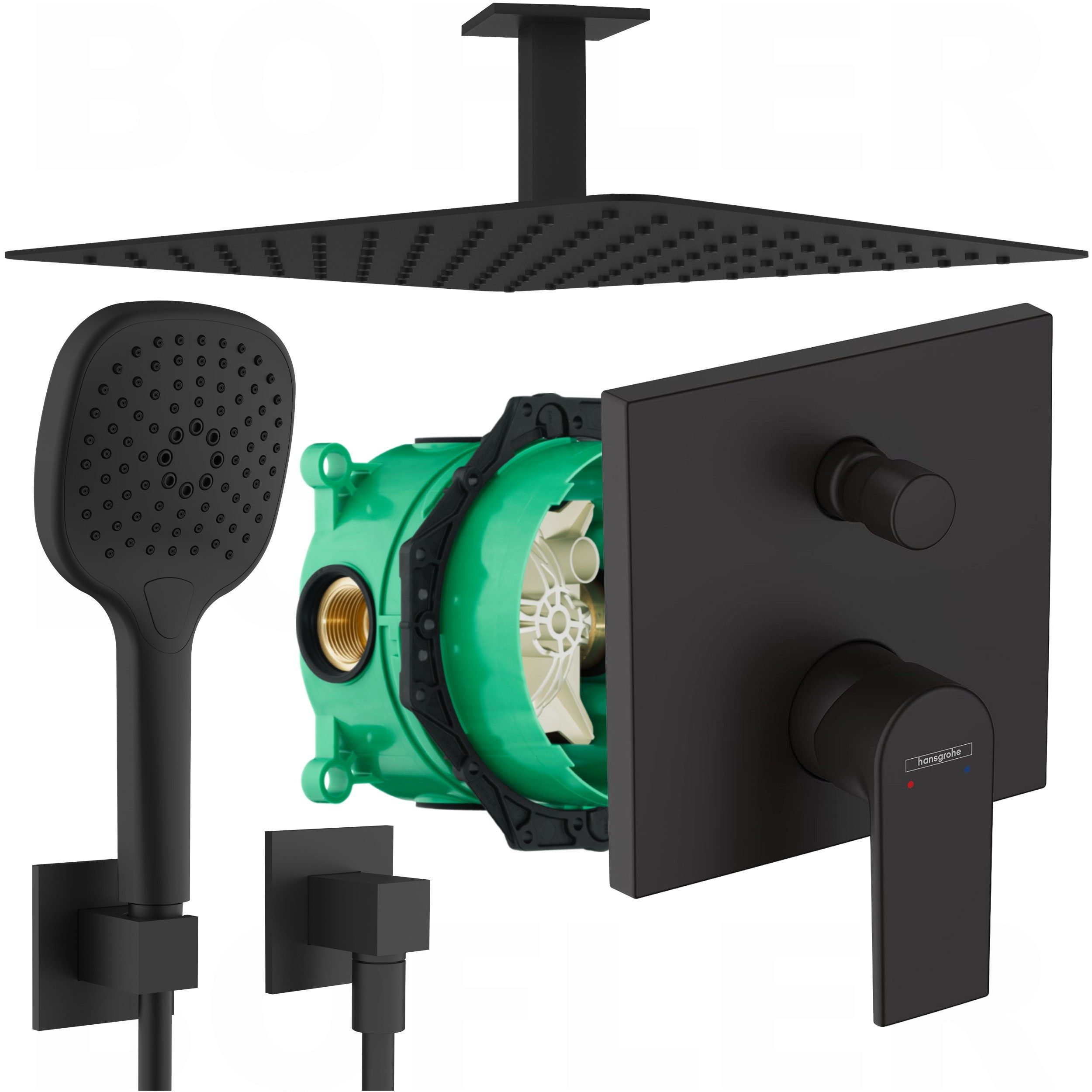 Hansgrohe und Bofler Duscharmatur Hansgrohe "VERNIS SHAPE" Unterputz Armatur mit Umsteller (inkl. IBOX Grundkörper, Unterputz Duschsystem, Duschanlage, Duschset, inkl. BOFLER Duschset #73, Brauseset, Regendusche 30cm, Deckenarm) matt schwarz, Wassersparen