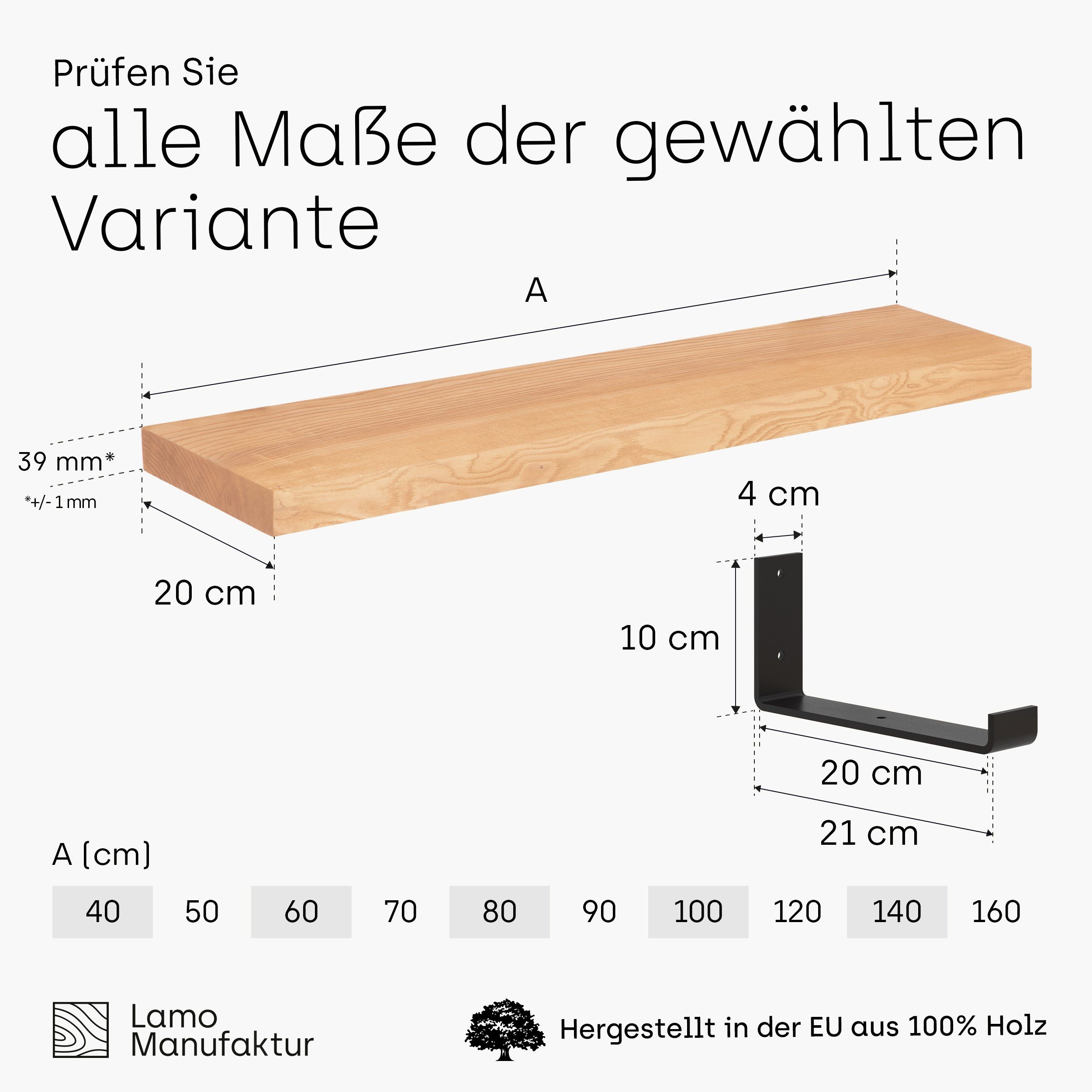 stake Manufaktur Massivholzplatte 40mm Industrial, Komplett-Set, Wandregal Natur LAMO