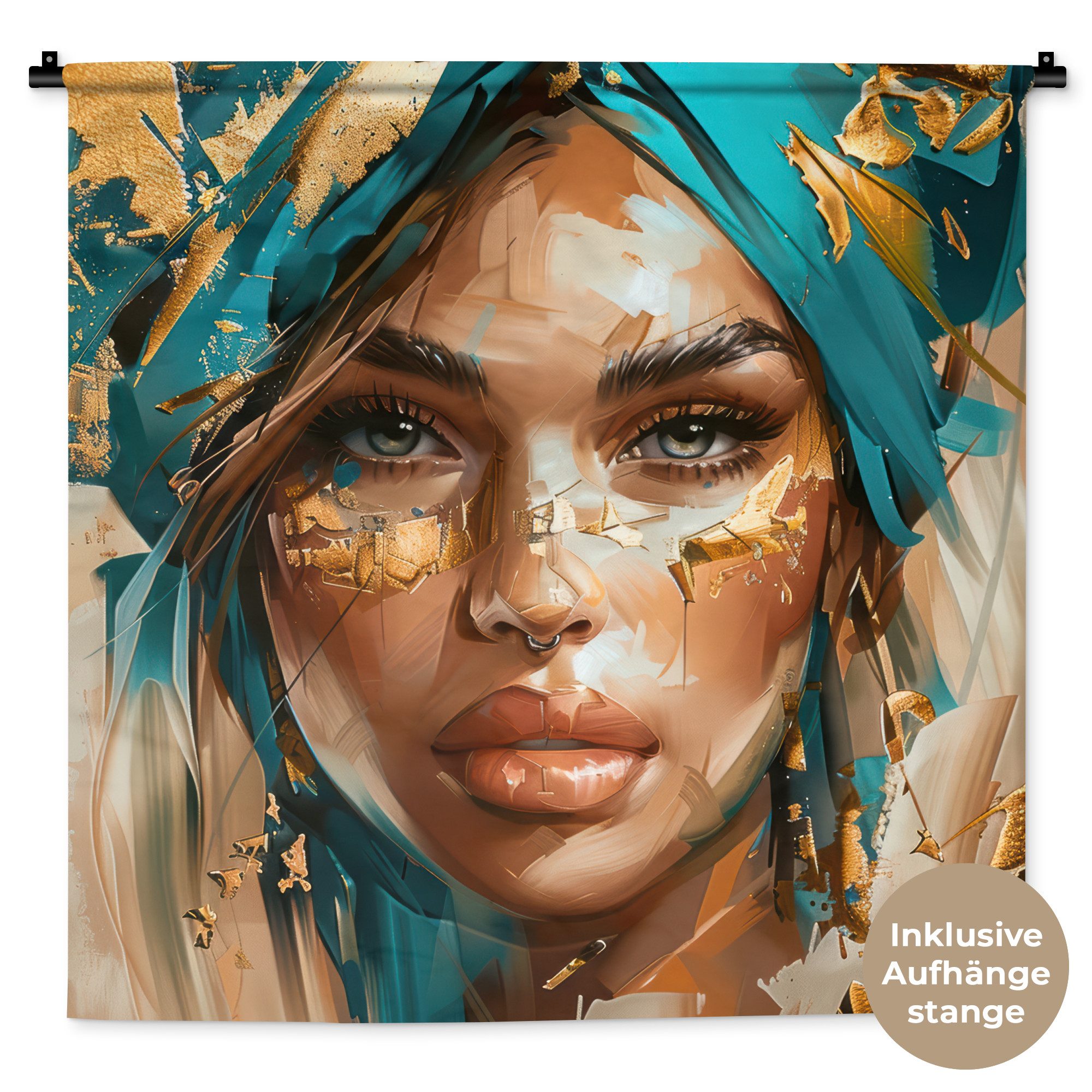 MuchoWow Wandteppich Frau - Porträt - Gold - Luxus - Blau