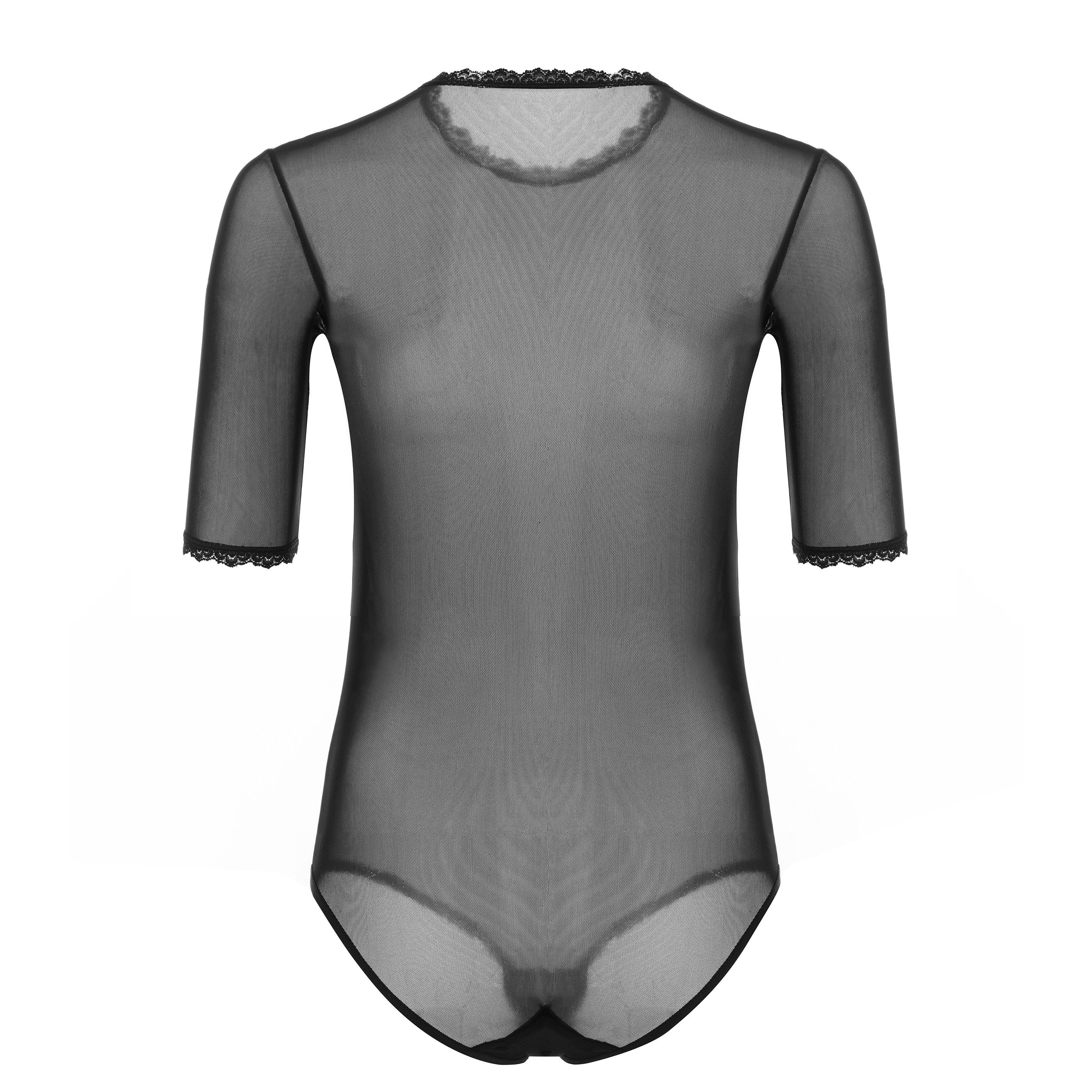 Evoni Body Eleganter Damen-Bodysuit aus Tüll mit Spitze, ellbogenlange Ärmel