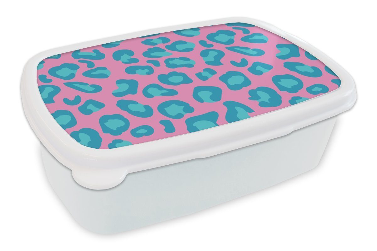 Kinder Brotbox MuchoWow Kunststoff, (2-tlg), Lunchbox Brotdose, für und - - und Blau Jungs Muster, Pantherdruck weiß - Erwachsene, für Rosa Mädchen