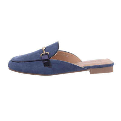 Ital-Design Damen Mules Freizeit Pantolette Blockabsatz Pantoletten in Blau