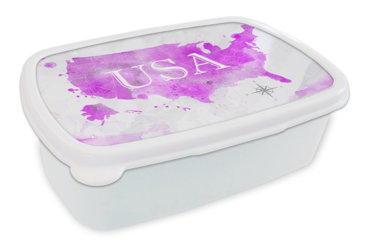 MuchoWow Lunchbox Weltkarte - Rosa - Vereinigte Staaten, Kunststoff, (2-tlg), Brotbox für Kinder und Erwachsene, Brotdose, für Jungs und Mädchen weiß