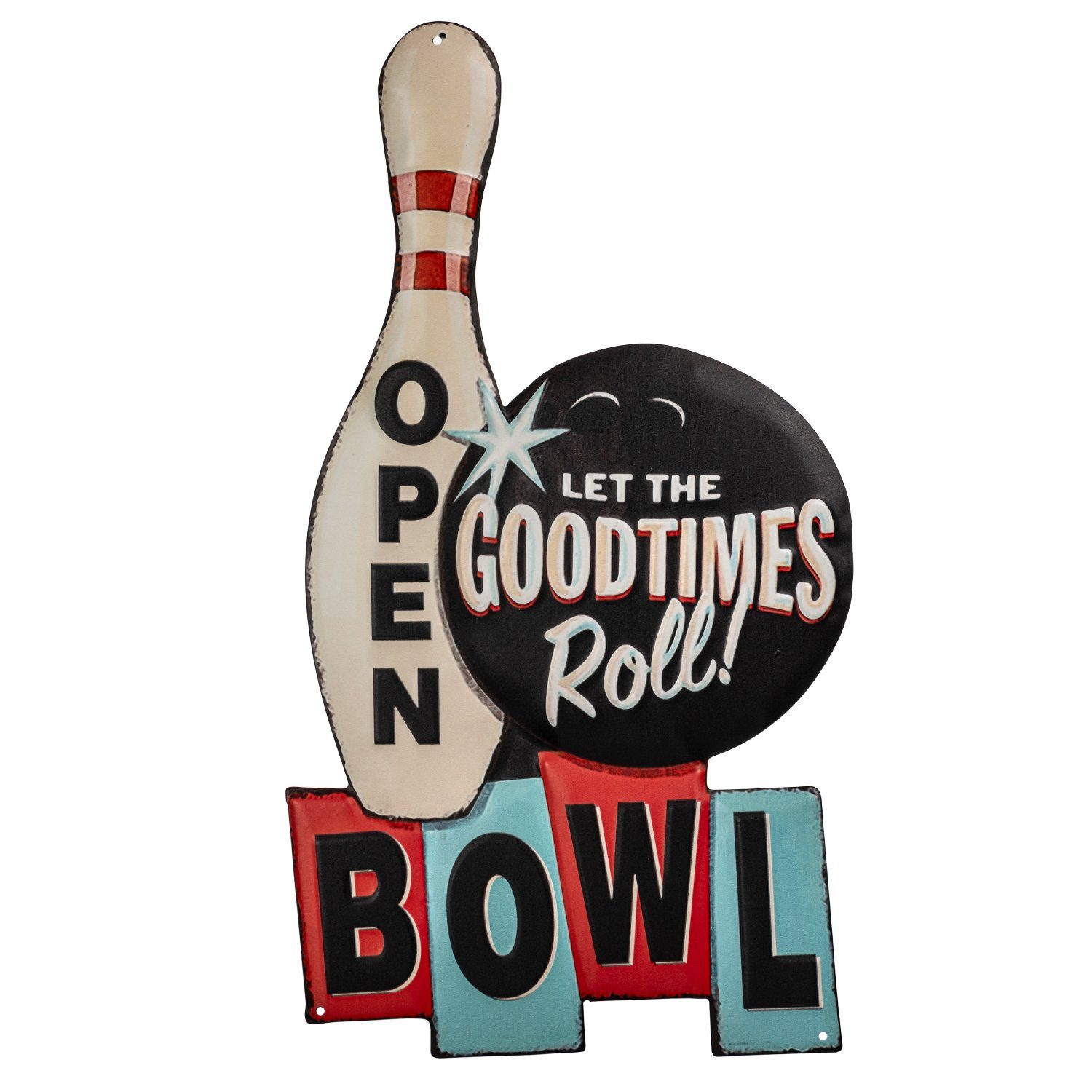 Moritz Metallschild Open Offen Bowling Pin Kugel Kegel, Vintage Retro Deko Schild Metallschild Wandbild Schild