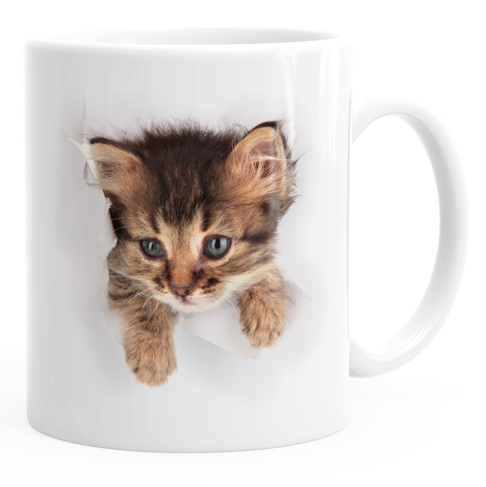 Tasse Kaffee-Tasse mit süßem Katzen-Aufdruck Katzen Baby schaut aus der Tasse MoonWorks®