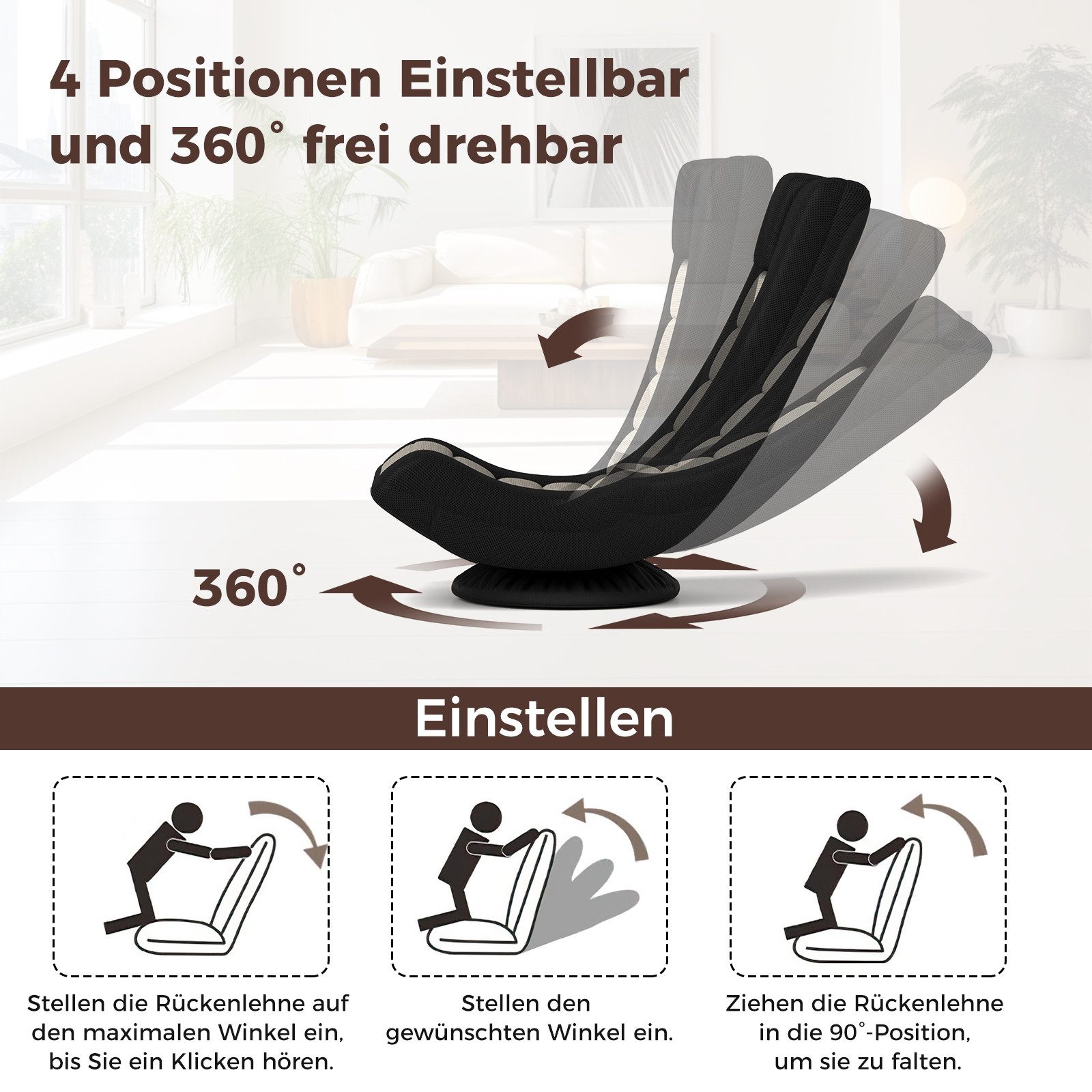 COSTWAY Relaxsessel, Bodenstuhl 360° drehbar, klappbar, verstellbar